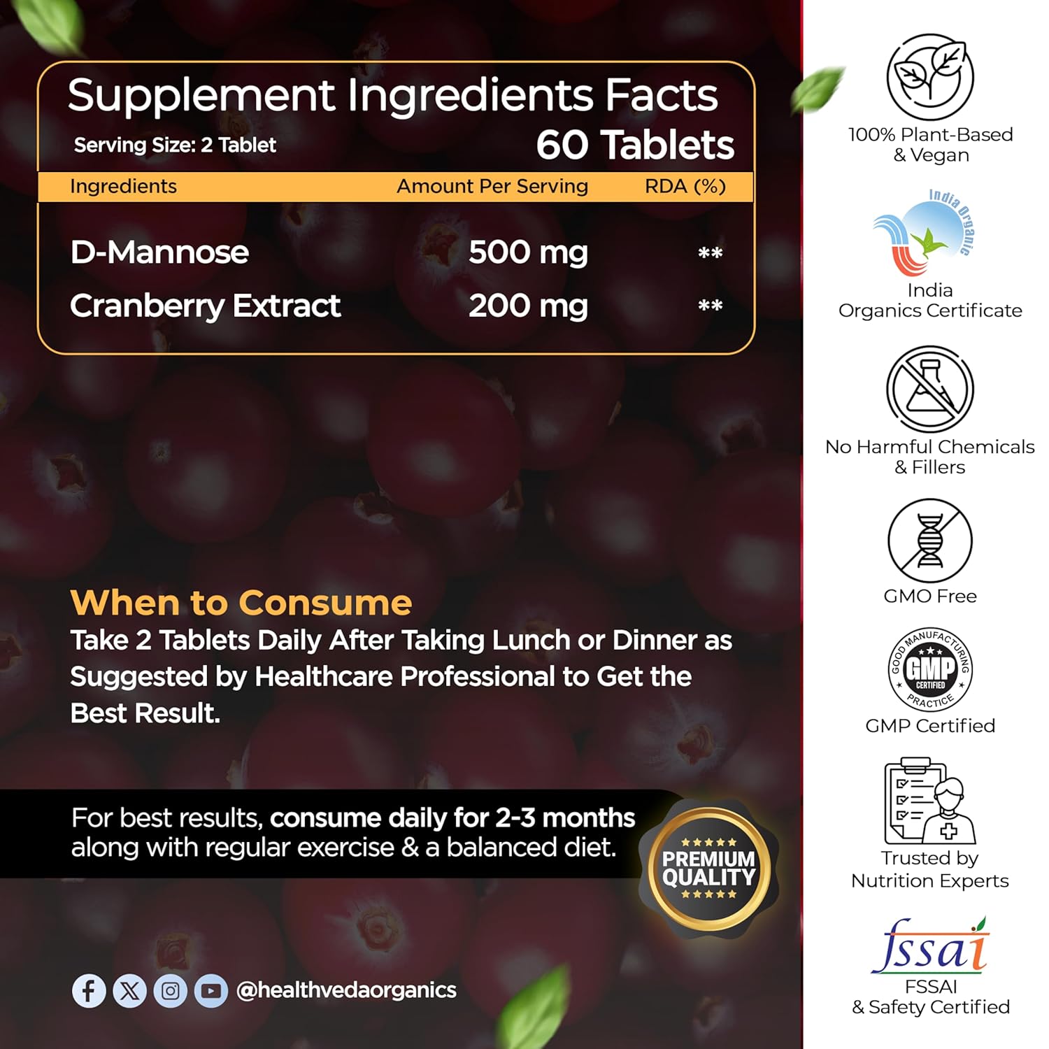 HEALTH VEDA ORGANICS PRIVATE LIMITED D-Mannose 500 mg + Cranberry Extract 200 mg | 120 Veg Tablets I Supports Kidney Health & Urinary Tract Infection - Image 2
