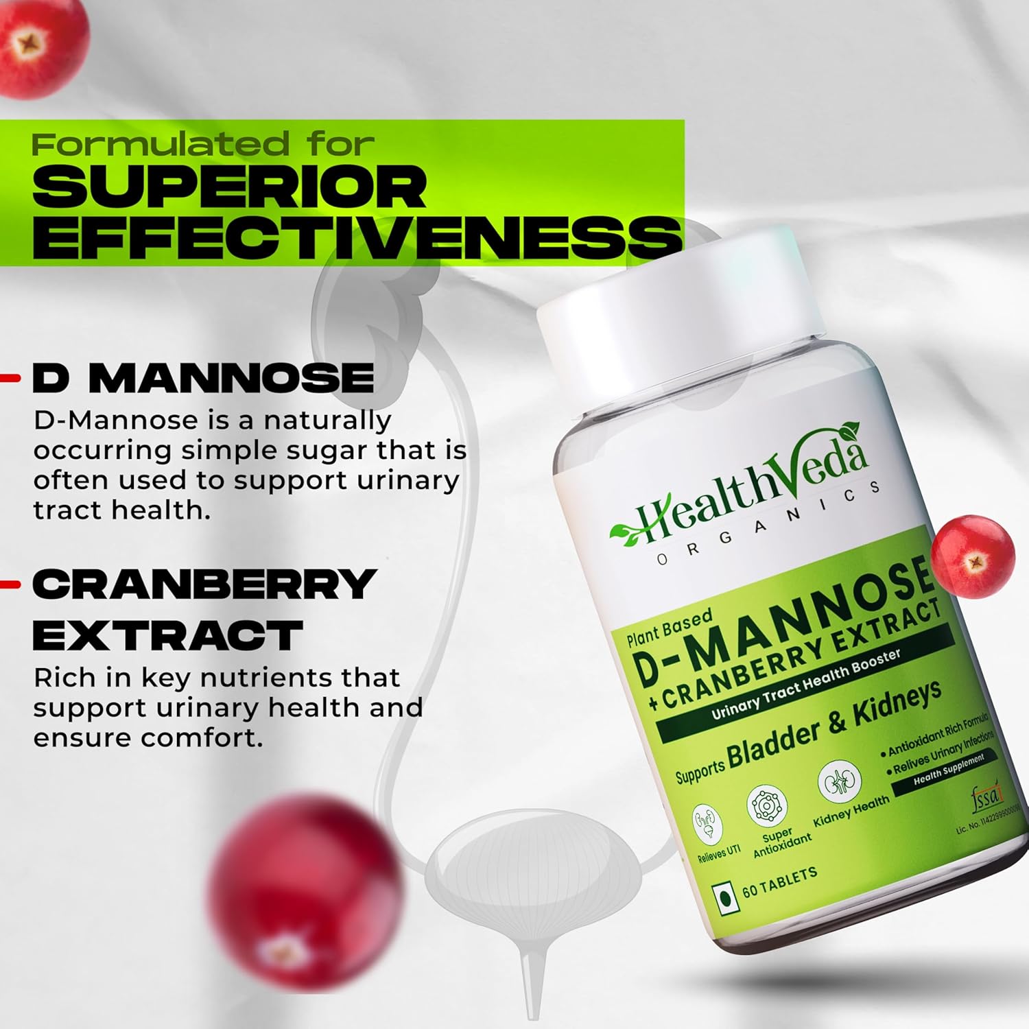 HEALTH VEDA ORGANICS PRIVATE LIMITED D-Mannose 500 mg + Cranberry Extract 200 mg | 120 Veg Tablets I Supports Kidney Health & Urinary Tract Infection - Image 5