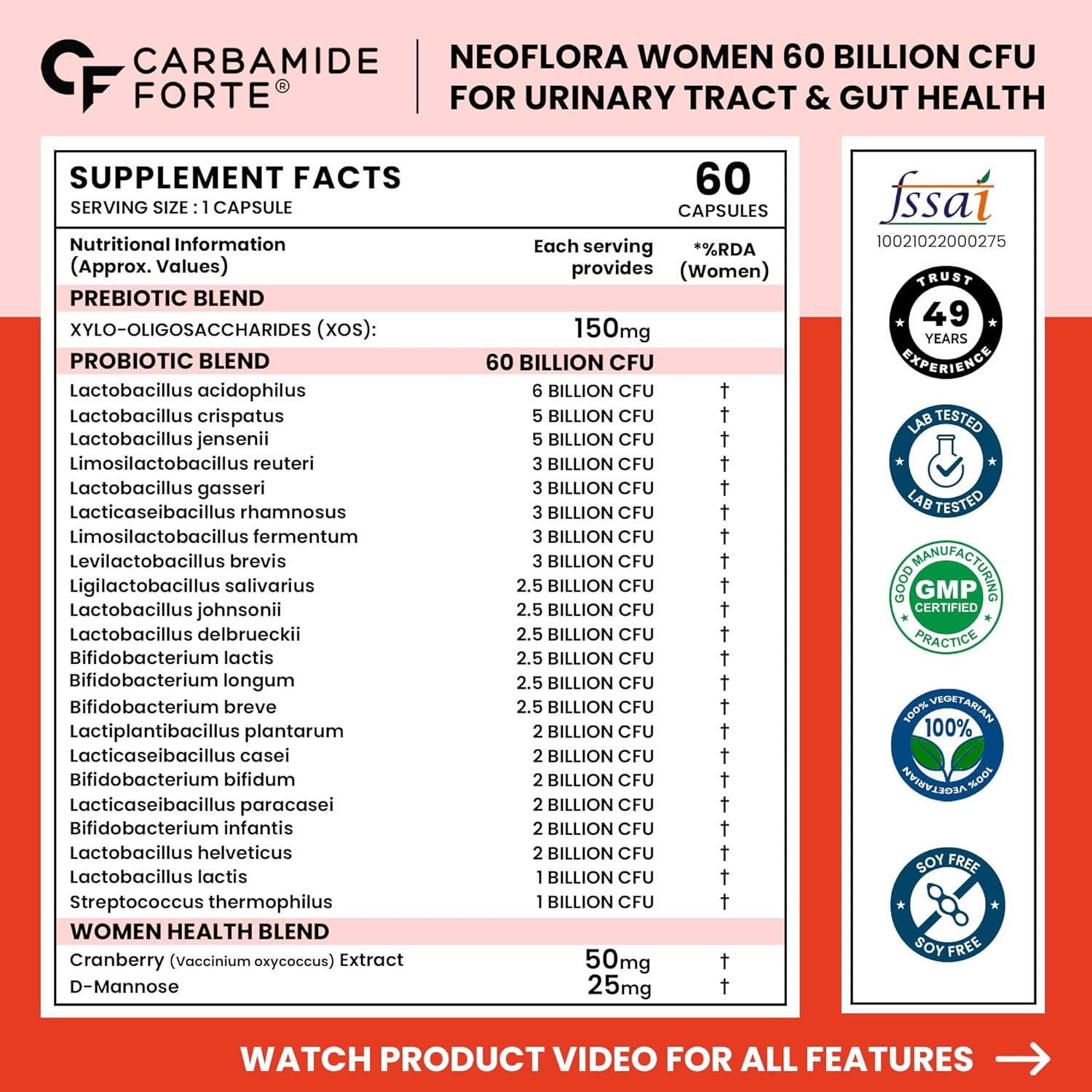 Carbamide Forte Women’s Probiotics Supplement 60 Billion CFU | Vaginal Probiotics & Gut Health Supplements with Cranberry Extract | 60 Veg Capsules (Pack of 2) - Image 2