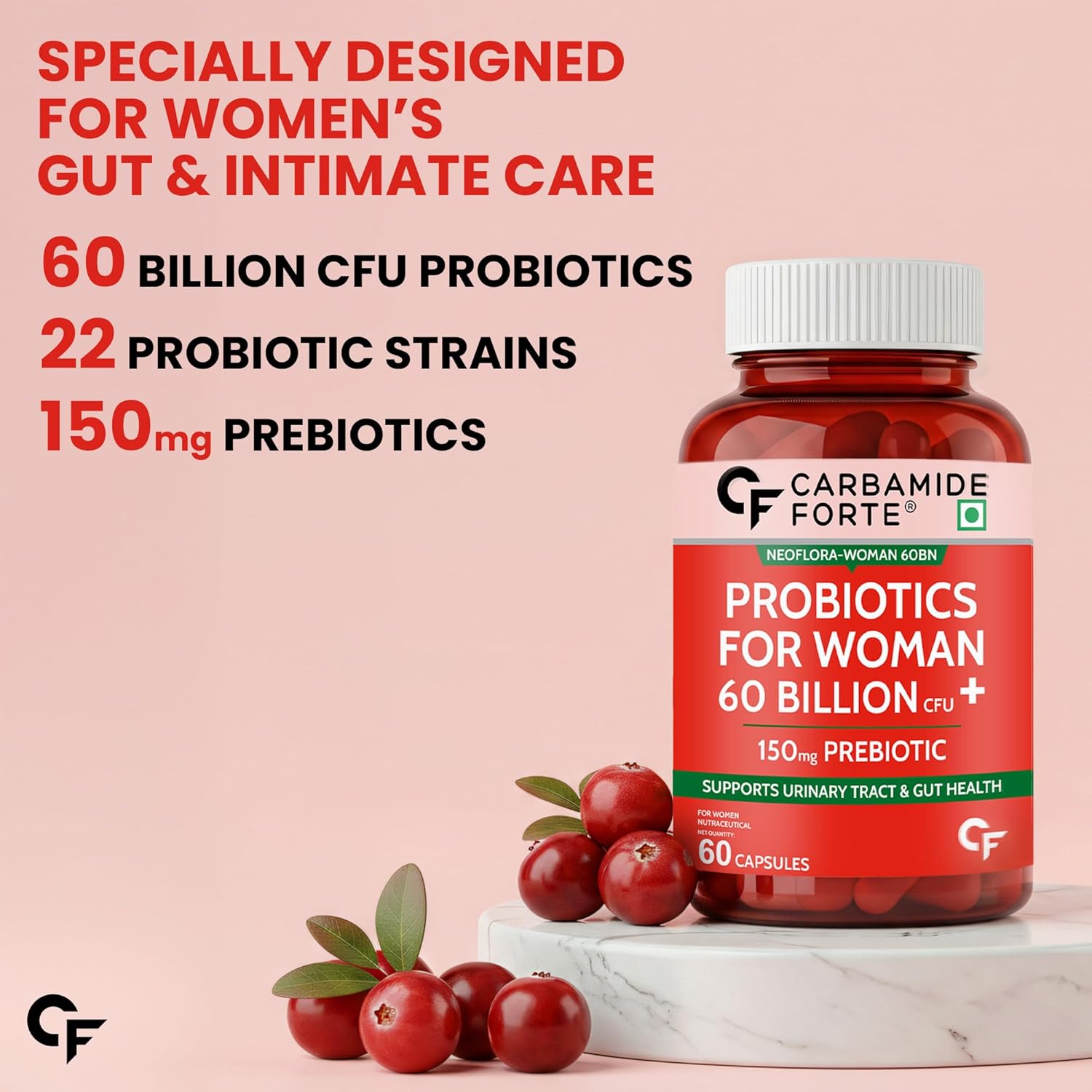 Carbamide Forte Women’s Probiotics Supplement 60 Billion CFU | Vaginal Probiotics & Gut Health Supplements with Cranberry Extract | 60 Veg Capsules (Pack of 2) - Image 3