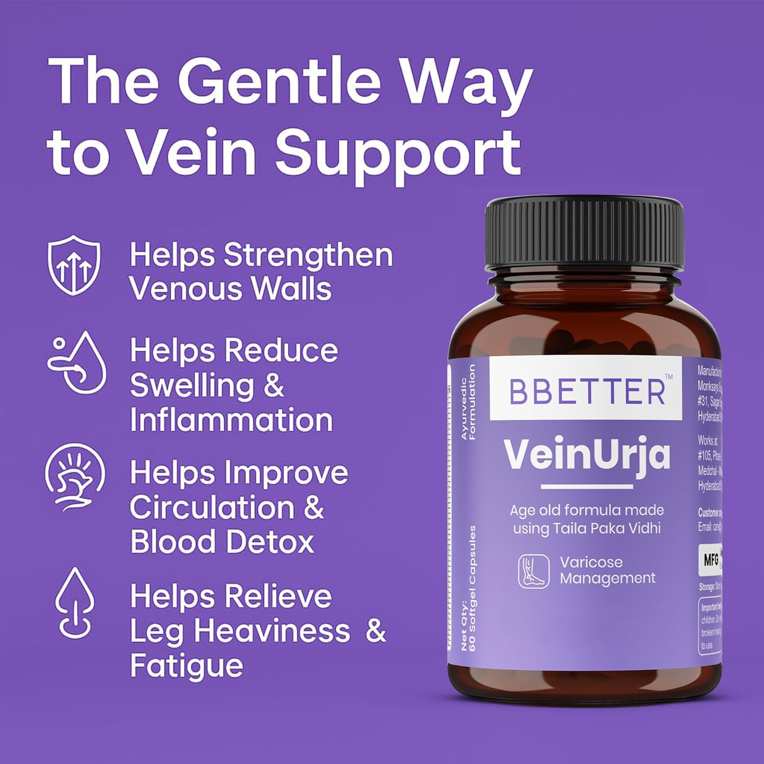 BBETTER VeinUrja Varicose Vein Support | Ayurvedic Supplement for Leg Swelling, Heaviness & Pain Relief | Natural Circulation & Vein Health Formula | 180 Softgels - Image 4