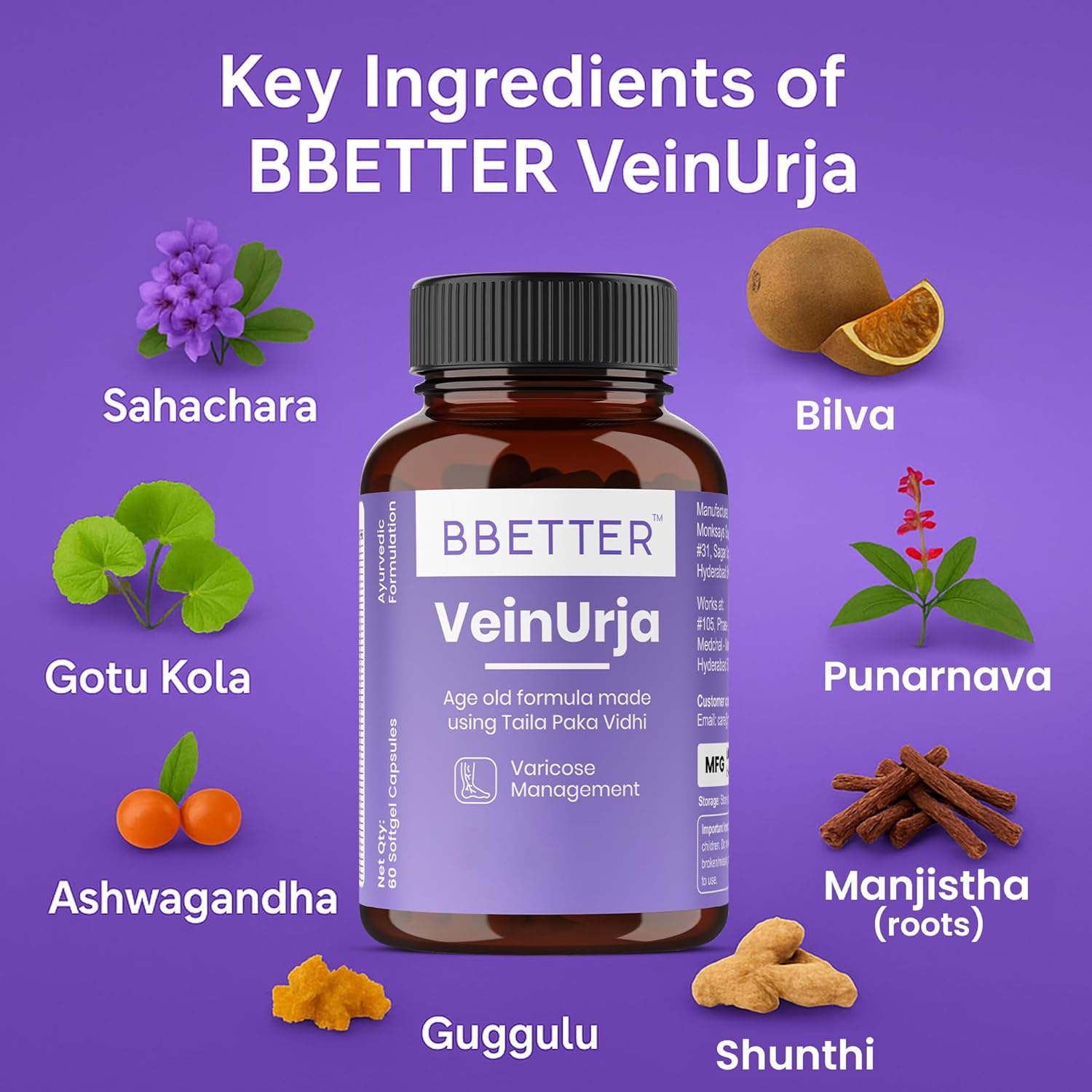 BBETTER VeinUrja Varicose Vein Support | Ayurvedic Supplement for Leg Swelling, Heaviness & Pain Relief | Natural Circulation & Vein Health Formula | 180 Softgels - Image 5