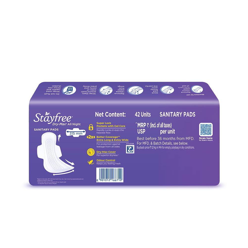 Stayfree Dry Max All Night XXl Dry Cover Sanitary Pads For Women With Wings, 42 Pieces Pack Of 1 - Image 8