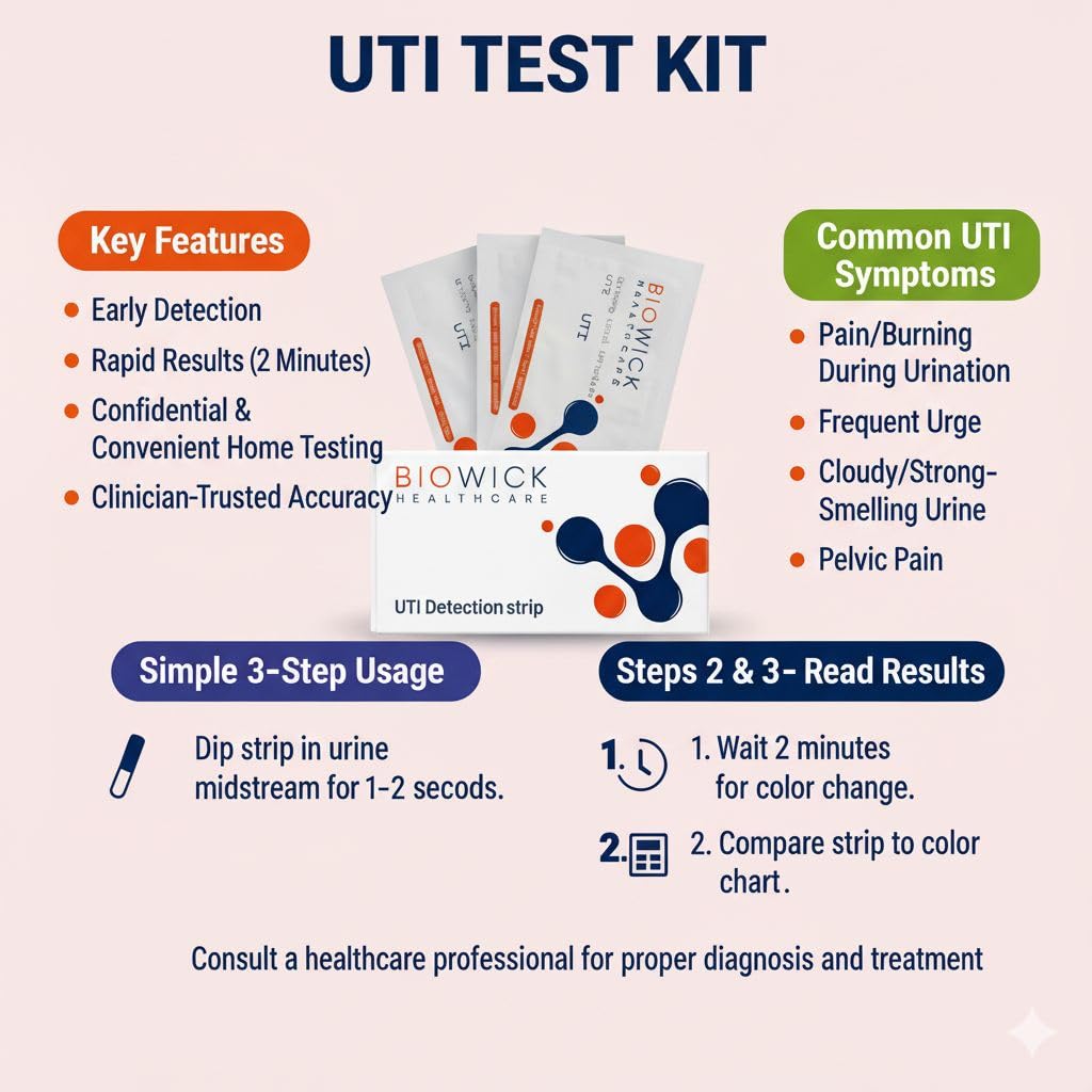 Biowick UTI Home Test Kit | 3 Urine Test Strips | Early UTI Detection at Home | Clinically Tested | Tests Leukocytes & Nitrites | Hygienic & Accurate | Self-Testing Kit | Ideal for Women & Seniors - Image 4