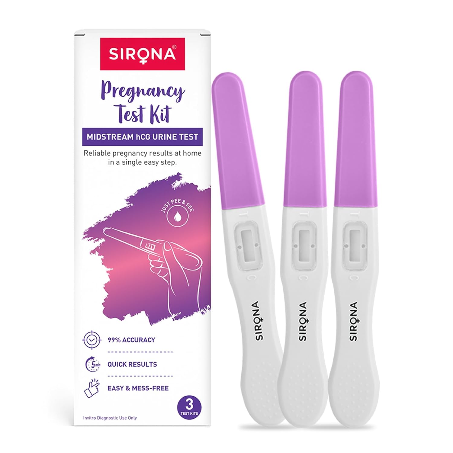 Sirona PregRx Midstream Urine HCG Pregnancy Test Kit Device - Pack of 3