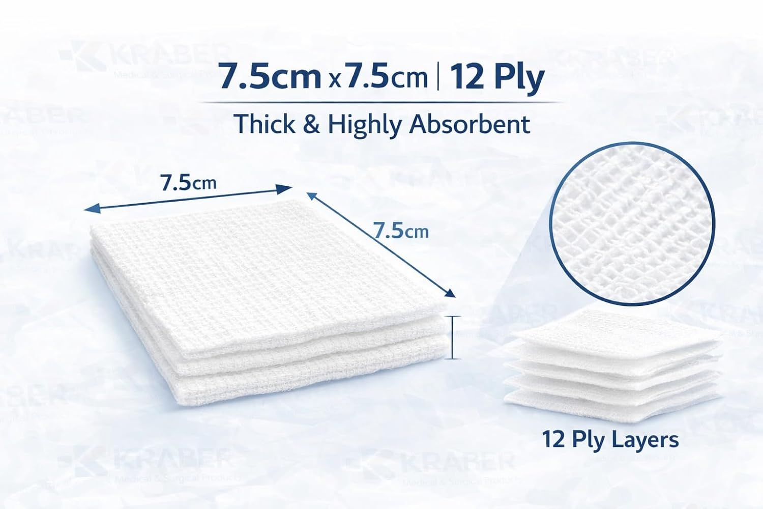 KRABER Non Sterile Gauze Swabs 7.5cm x 7.5cm 12 Ply American Fold 100% Cotton ETO Sterilized Medical Grade Wound Dressing Pads for First Aid & Surgical Use - Pack of 100 Pieces - Image 5