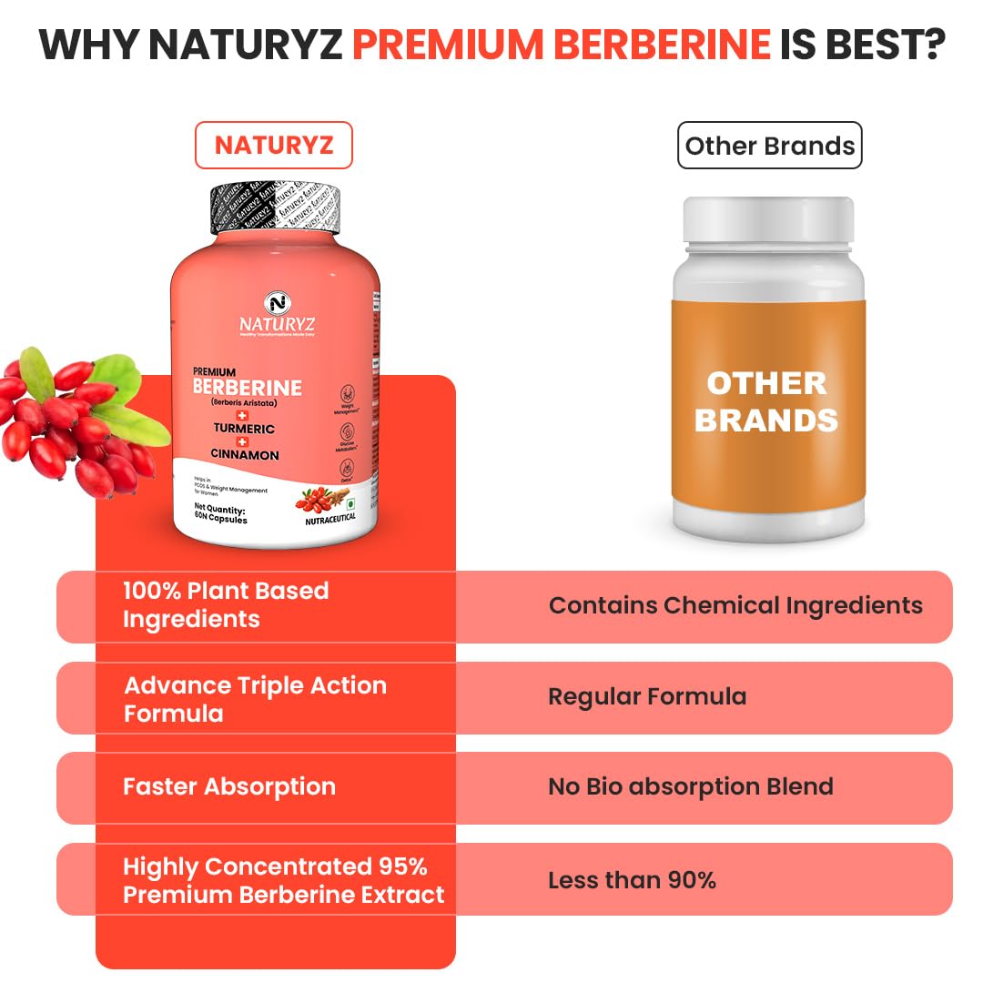 NATURYZ Premium Berberine + Cinnamon + Turmeric Weight Loss Supplement for Women | Supports in Management of PCOS & Hormonal Balance | Regulates Blood Sugar & Cravings | Plant Based – No Chemicals | Bio Absorption Blend for faster Absorption | Vegetarian- 60 Capsules - Image 6