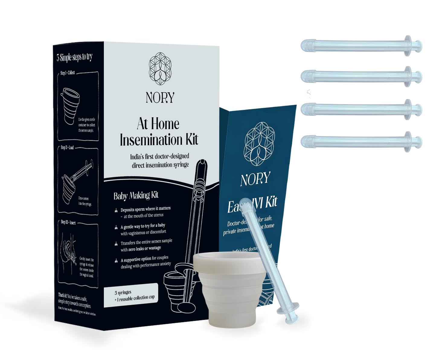 Nory At Home Self Insemination IVI Kit for Women, Designed By Fertility Doctor, Get Pregnant Naturally, Pack of 5 Syringes and1 Reusable Collection Cup with Instruction Manual