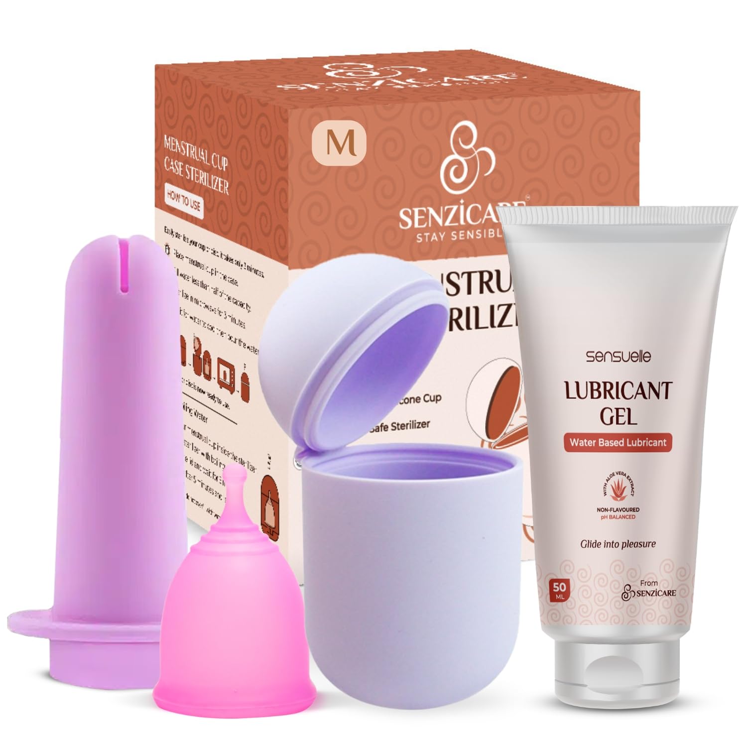 Reusable Menstrual Cup Medium with Applicator, Lubricant Gel & Sterilizer Case for Women - Soft Silicone, Leak-Proof Period Care Kit (M)