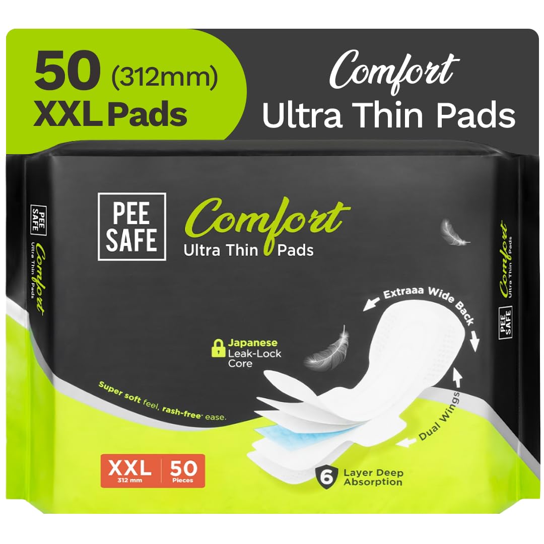 Pee Safe Comfort Ultra Thin Pads XXL 50N with Japanese Leak-Lock Core, 6-Layer Deep Absorption & Dual Wings - Overnight Heavy Flow Protection
