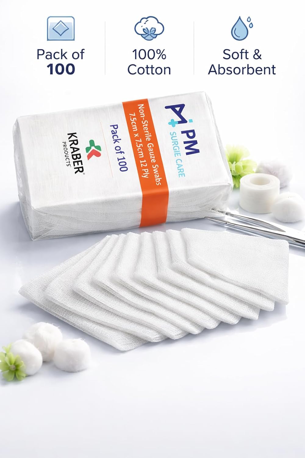 KRABER Non Sterile Gauze Swabs 7.5cm x 7.5cm 12 Ply American Fold 100% Cotton ETO Sterilized Medical Grade Wound Dressing Pads for First Aid & Surgical Use - Pack of 100 Pieces - Image 2
