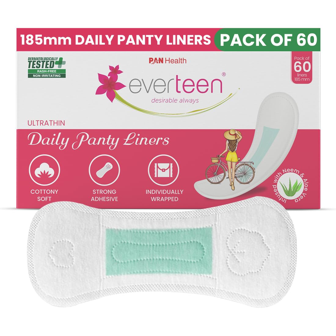 everteen Panty Liners for Women, 60 Liners 185mm with Aloe Vera & Neem, Less than 1mm Ultra thin Cottony Soft Pantyliners, Prevents White Discharge & Rashes, Comfort on Non Period Days