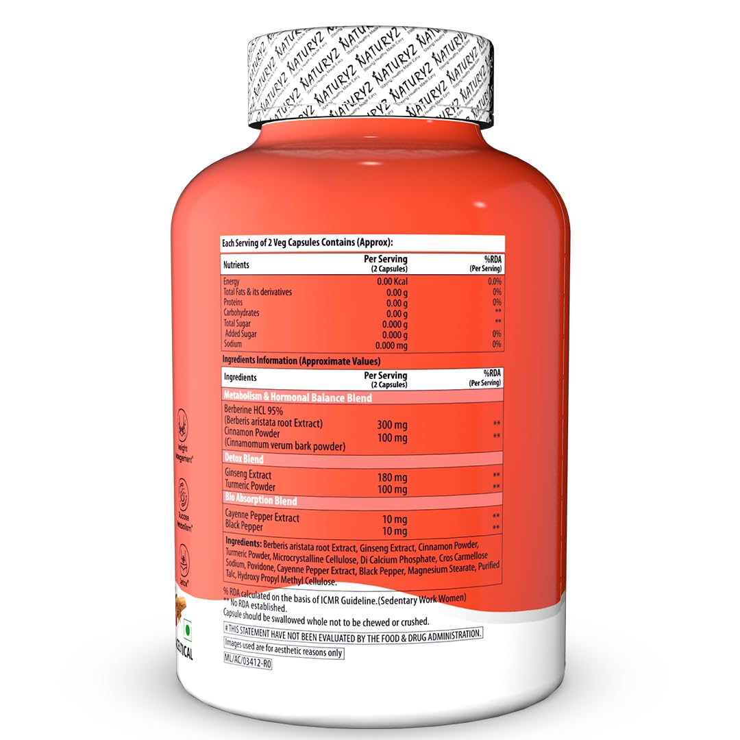 NATURYZ Premium Berberine + Cinnamon + Turmeric Weight Loss Supplement for Women | Supports in Management of PCOS & Hormonal Balance | Regulates Blood Sugar & Cravings | Plant Based – No Chemicals | Bio Absorption Blend for faster Absorption | Vegetarian- 60 Capsules - Image 2