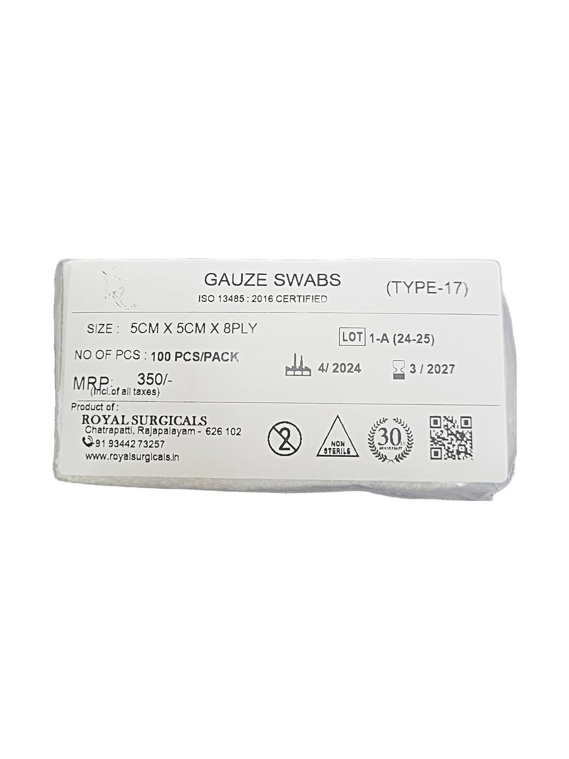 Non-Sterile Gauze Swabs - 5x5cm, 8-Ply, Absorbent Cotton Wound Dressing Pads, 100 Count. First Aid, Home Healthcare, Medical Use