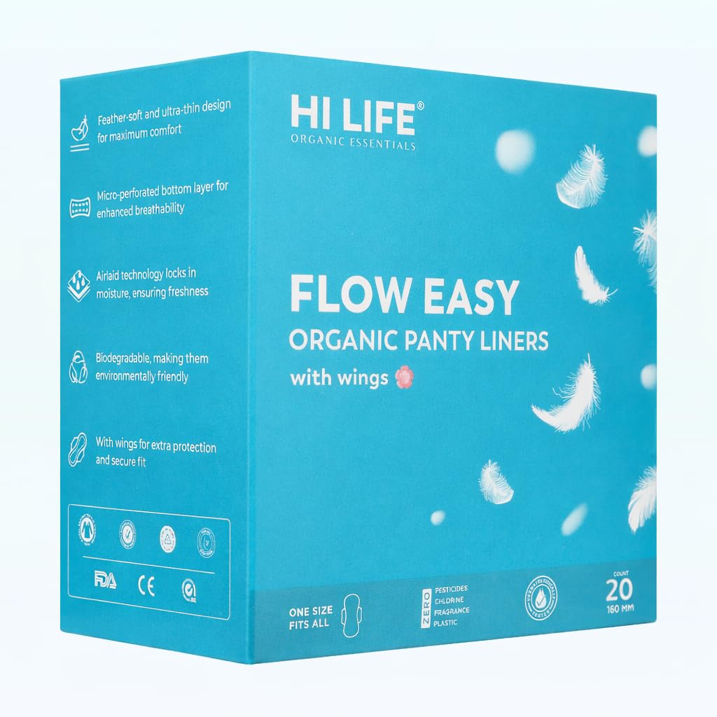 Hi Life Organic Panty Liners – Pack of 20 Daily Use Super-Soft Liners with Wings | 100% Cotton Panty Liners for Women | Leak Protection, Rash-Free & Breathable Liners for Discharge & Freshness