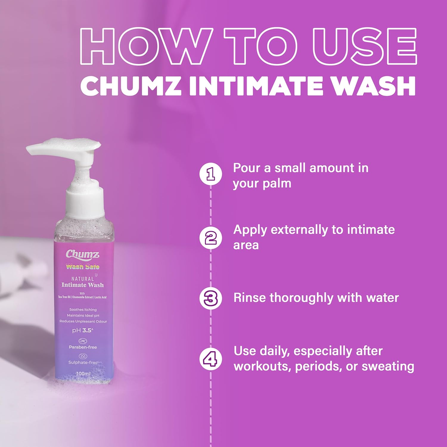 Chumz Intimate Wash for Women 50ml | pH Balanced Vaginal Wash for Daily Intimate Care | Feminine Wash with Lactic Acid & Chamomile | Helps Prevent Odor, Itching & Dryness | Gentle Intimate Hygiene Wash for All Skin Types - Image 3