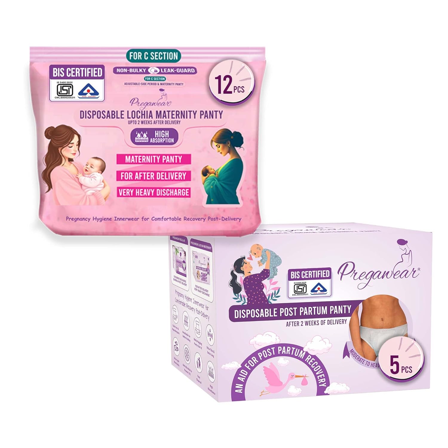 Pregawear C Section Maternity Panty(4) & Postpartum Panty(10) Combo |Low Rise 360˚ Coverage Disposable Underwear|Ultra Thin, 100% Leak Proof, Antifungal After Delivery Heavy Flow