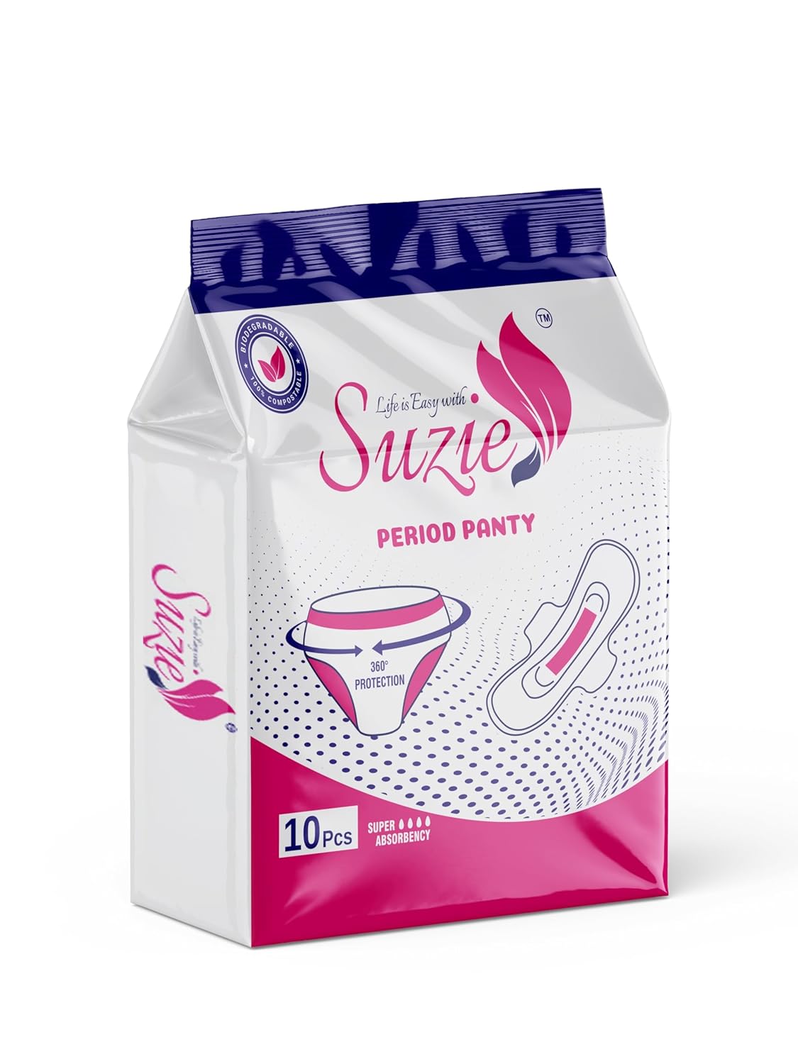 Suzie Ultra Absorbent Disposable Period Panties, 0% Leaks, Sanitary protection for women & Girls, Maternity Delivery Pads, 360° Protection, Postpartum & Overnight use, Heavy Flow pack of 10