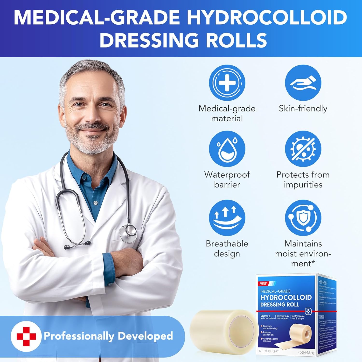 Hydrocolloid Dressings Roll 2IN x 4.9FT,Hydrocolloid Dressing Pads for Wound Care, Supports Natural Healing, Ultra Absorbent, Reduces Friction, Breathable Pads - Image 2