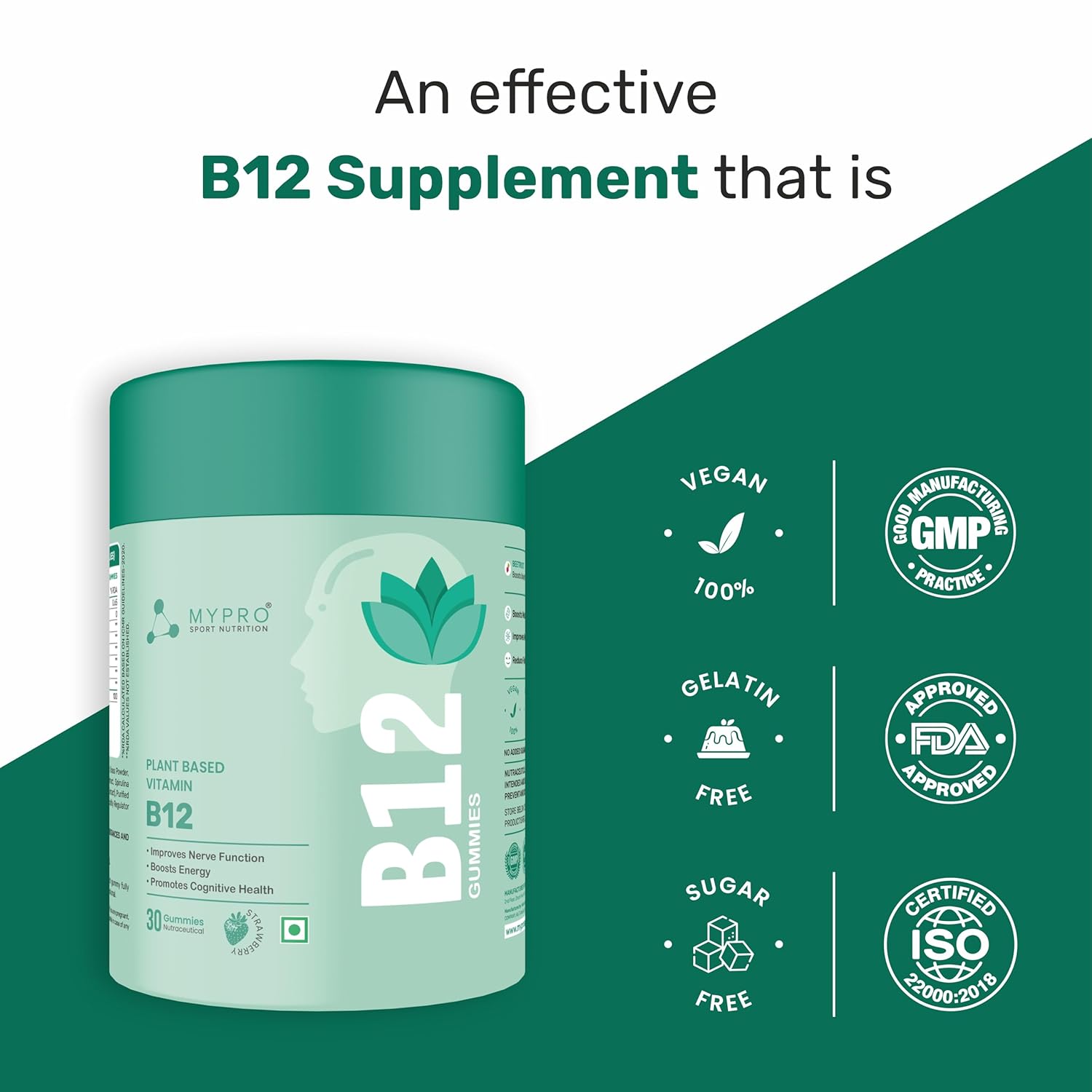 Mypro Sport Nutrition Plant Based Vitamin B12 Gummies | With Moringa, Amla Spirulina With 9 Herbals Extract |Nervous System Support | Boosts Energy | for Men & Women Strawberry Flavour (30 count (Pack of 1)) - Image 5
