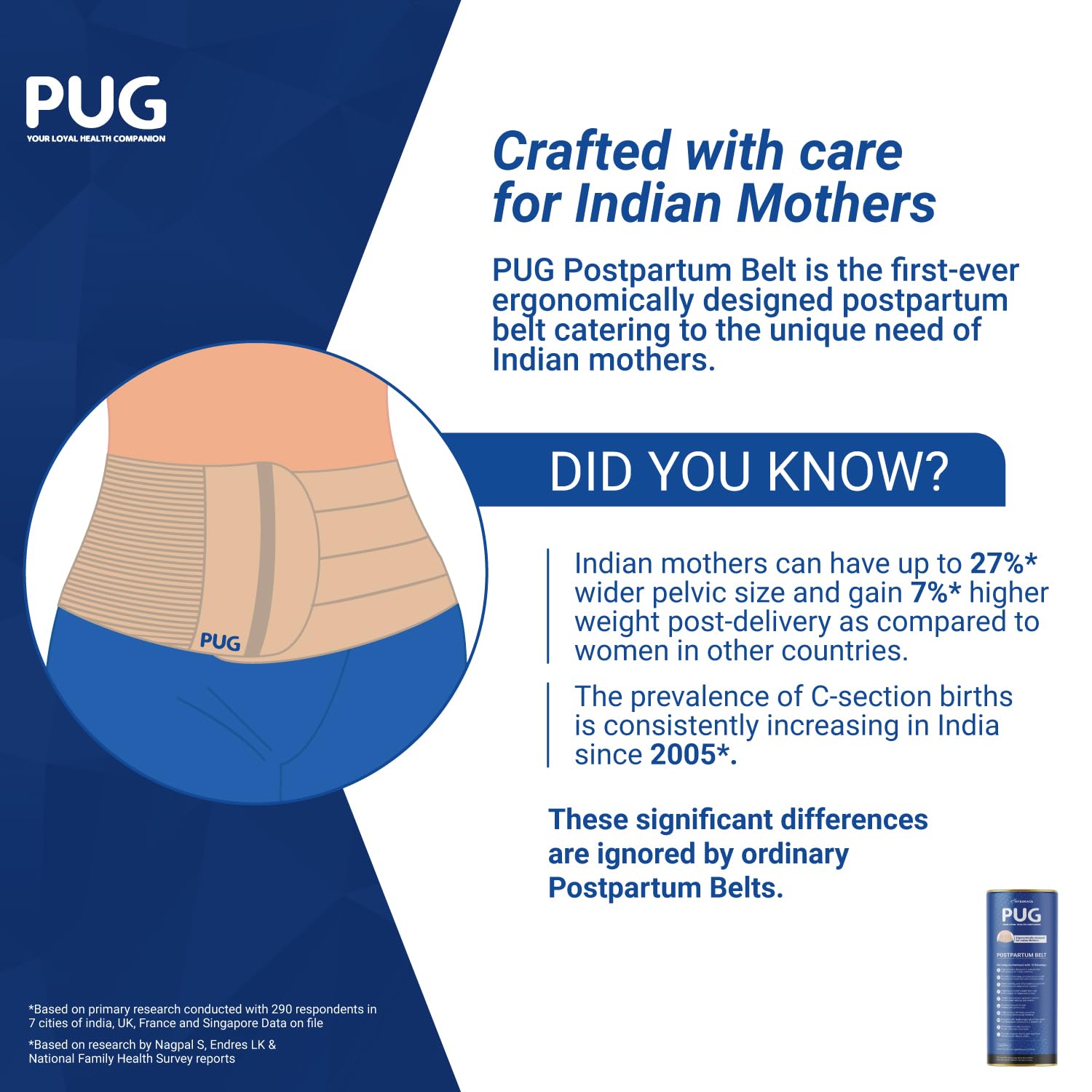 PUG Postpartum Belt, Universal size, Beige | Ergonomically designed for Indian Mothers | For C-Section and Natural Delivery | Eliminates post pregnancy pain, Muscle recovery to pre-pregnancy state