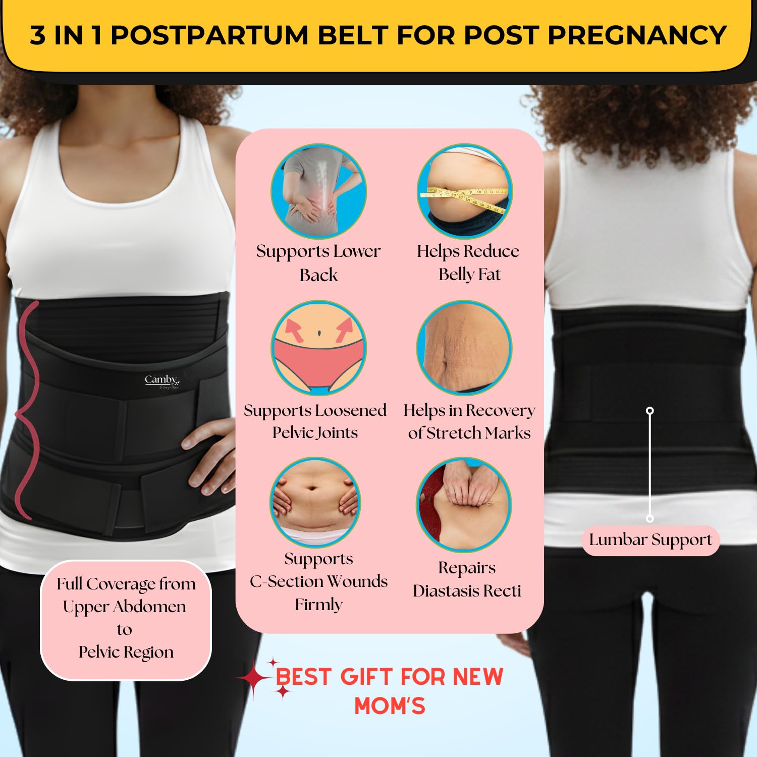 Camby 3 in 1 Postpartum belt after delivery for Post pregnancy Recovery | After Normal/C-section delivery | Maternity Abdominal Binder | Postnatal shapewear (Free Size) (Black) - Image 3