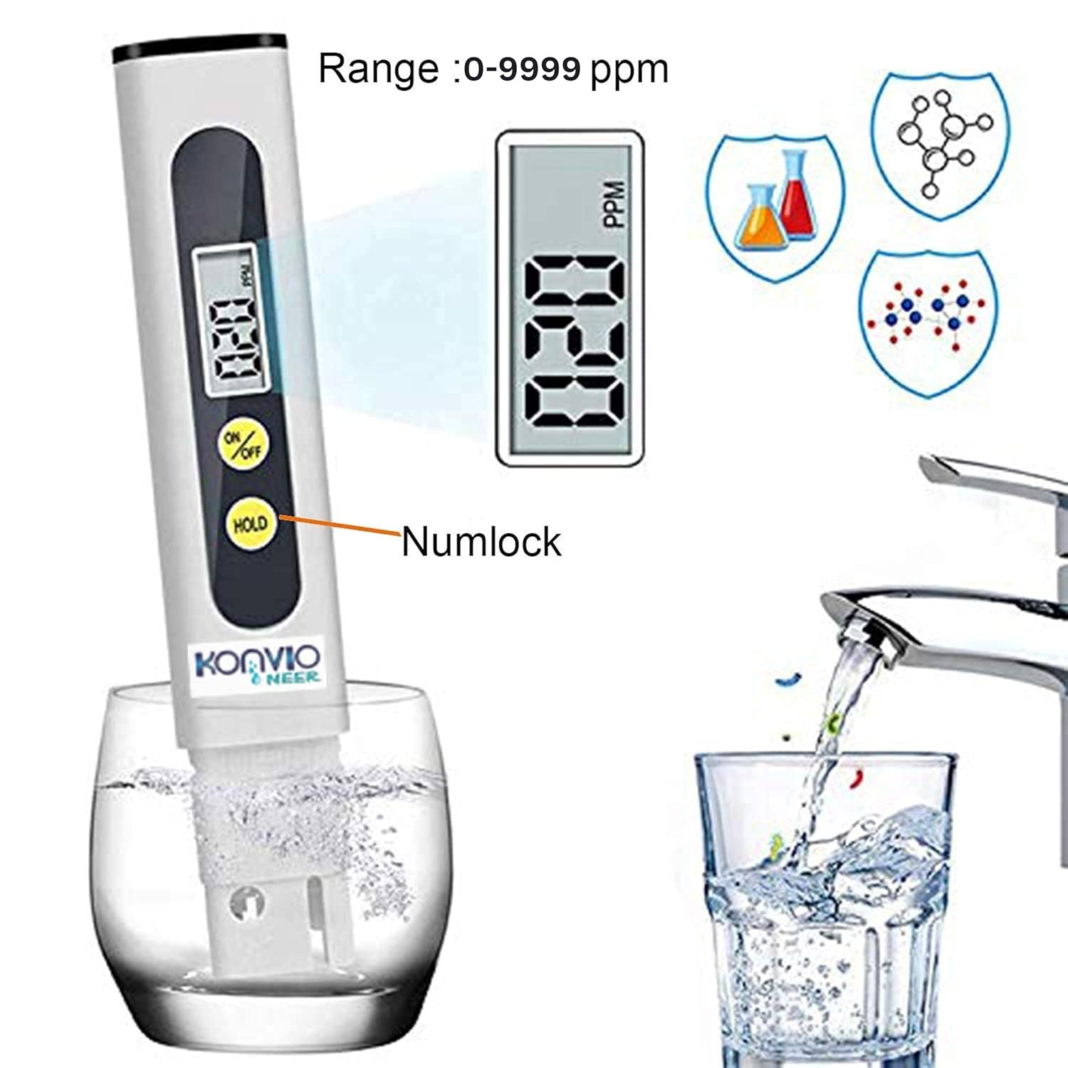 Konvio Neer Imported Tds Meter, Total Dissolved Solids Meter, Water Quality Tester, Ppm Tester For Water Testing - White - Image 6