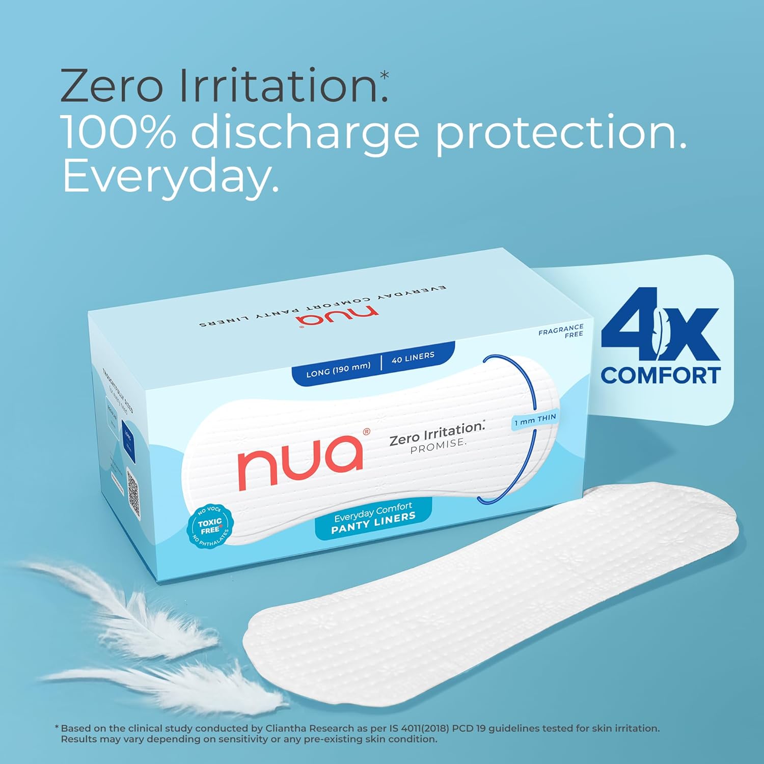 Nua Everyday Comfort Panty Liner for Women Daily Use | Pack of 40 liners 190mm | For White Discharge, Spotting & Non Period Leakages | Individually Wrapped | Zero Irritation | Super-thin | Stays in Place | Instant Absorption | Softest Top sheet | 100% Toxic-Free | Panty Liner Pads Sanitary Napkins - Image 2