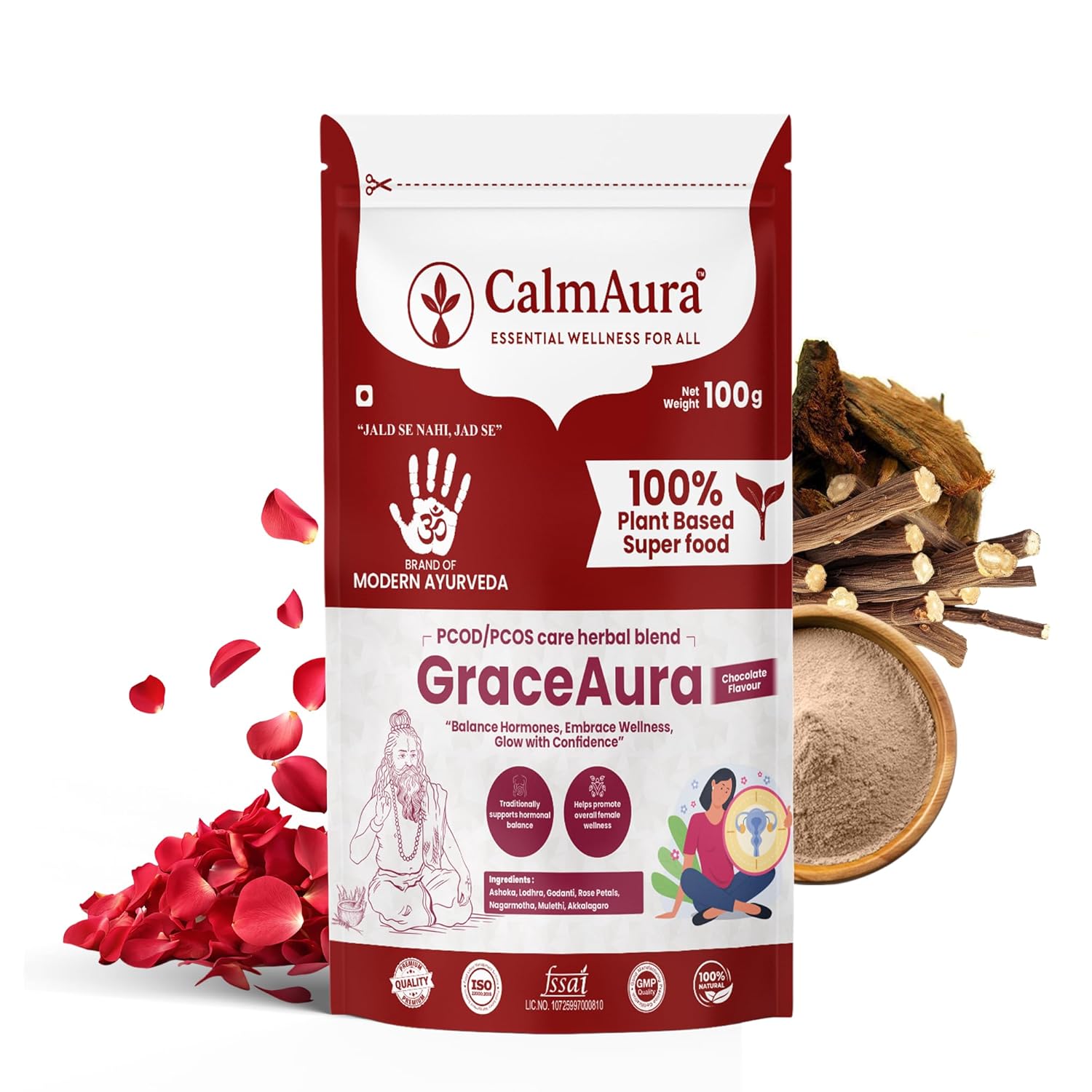 CalmAura GraceAura PCOD PCOS Care Herbal Blend Powder Chocolate Flavor | Ayurvedic Hormonal Balance & Menstrual Wellness Supplement for Women | Natural Uterine Health & Reproductive Support