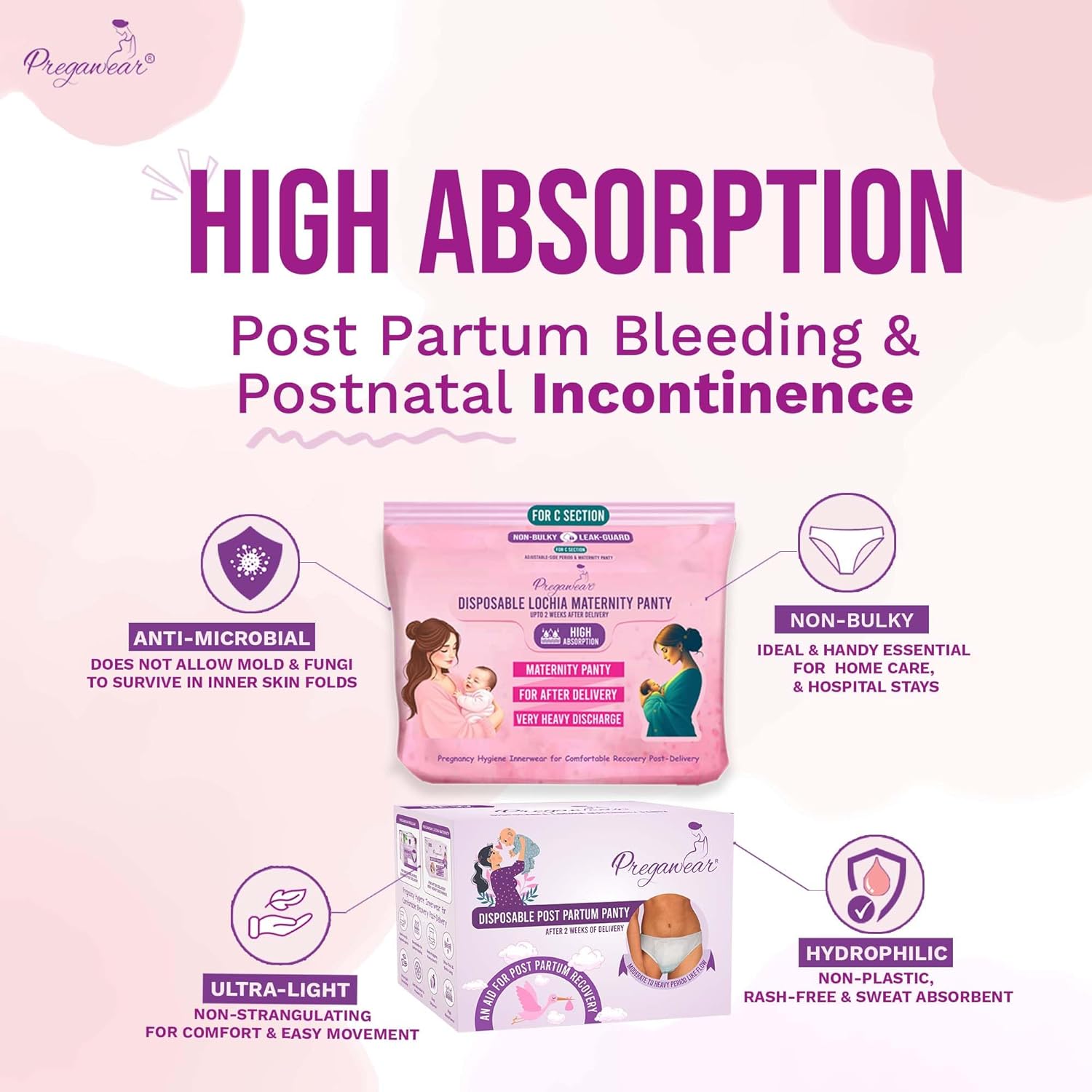 Pregawear C Section Maternity Panty(4) & Postpartum Panty(10) Combo |Low Rise 360˚ Coverage Disposable Underwear|Ultra Thin, 100% Leak Proof, Antifungal After Delivery Heavy Flow - Image 2
