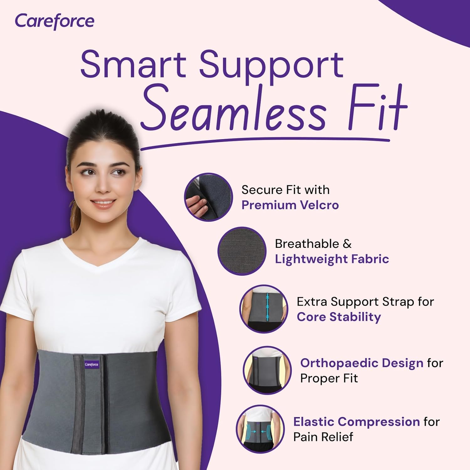 Careforce - The Force Behind Your Health Careforce Postpartum Abdominal Belt After Delivery C Section Abdomen Binder for Women Post Pregnancy Tummy Reduction Belly Support Band Grey M 32 36 velcro - Image 2