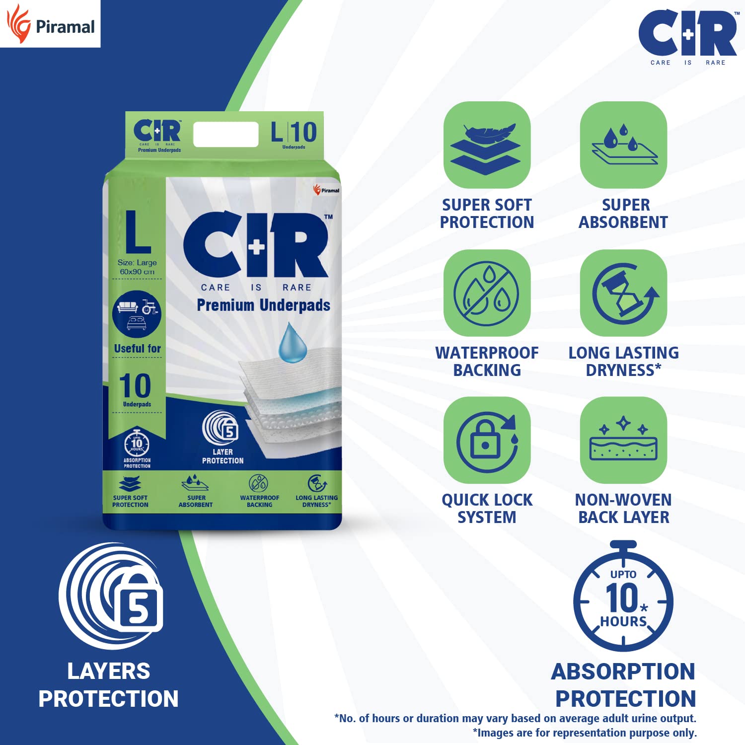 CIR Premium Underpads, Large (90x60cm) I 10 hrs Absorption Protection I 10 Units I Waterproof I Protects Surfaces from Incontinence I Super Soft Polymer x Pack of 1 - Image 3