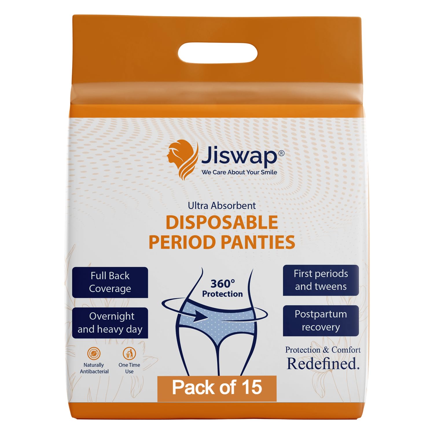 Disposable Period Underwear for Women, Menstrual and Postpartum High Absorbency, Cotton Covered Comfort, Pack of 15