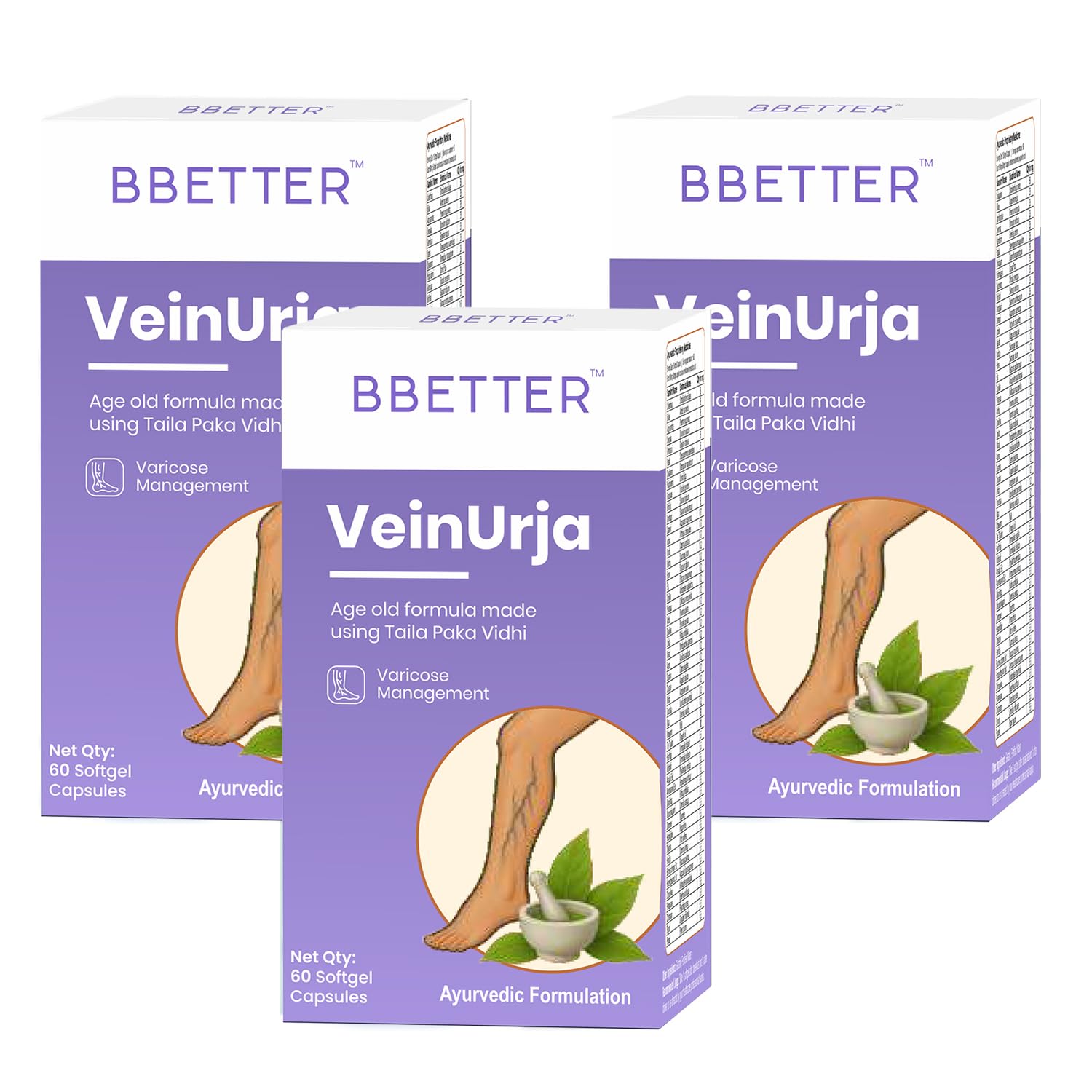 BBETTER VeinUrja Varicose Vein Support | Ayurvedic Supplement for Leg Swelling, Heaviness & Pain Relief | Natural Circulation & Vein Health Formula | 180 Softgels
