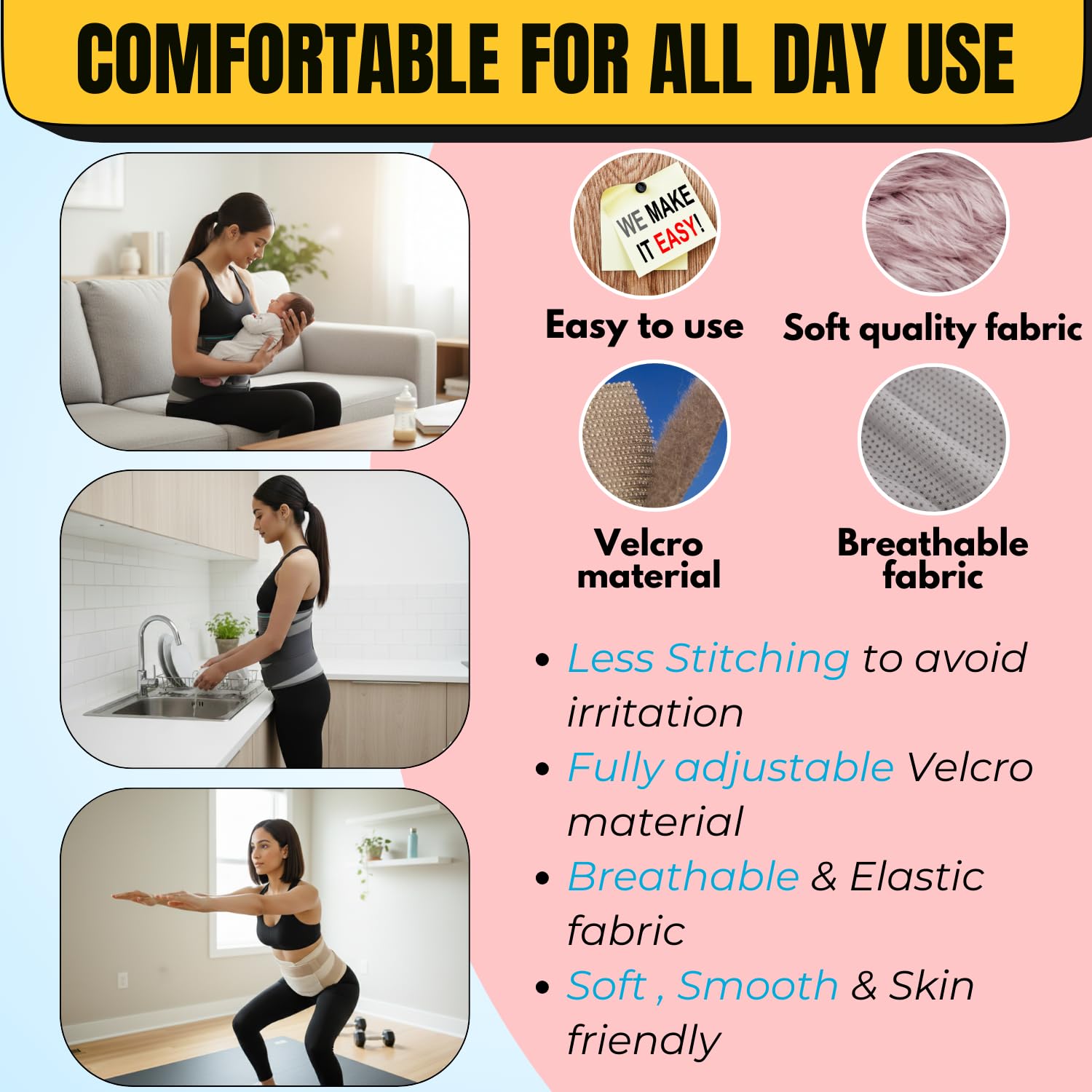 Camby 3 in 1 Postpartum belt after delivery for Post pregnancy Recovery | After Normal/C-section delivery | Maternity Abdominal Binder | Postnatal shapewear (Free Size) (Black) - Image 4