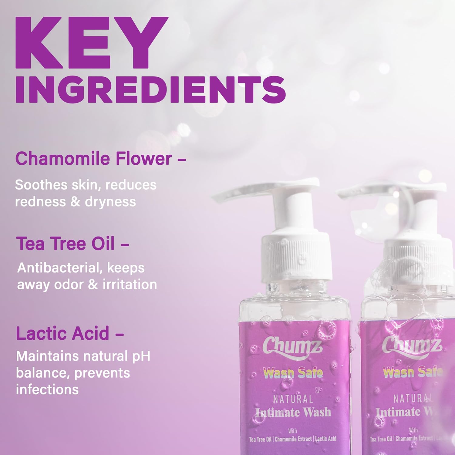 Chumz Intimate Wash for Women 50ml | pH Balanced Vaginal Wash for Daily Intimate Care | Feminine Wash with Lactic Acid & Chamomile | Helps Prevent Odor, Itching & Dryness | Gentle Intimate Hygiene Wash for All Skin Types - Image 2