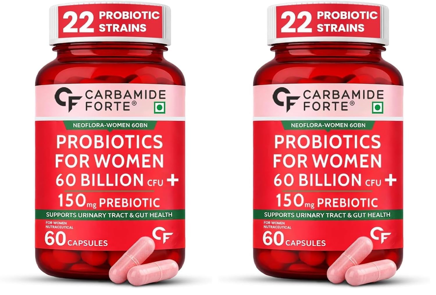 Carbamide Forte Women’s Probiotics Supplement 60 Billion CFU | Vaginal Probiotics & Gut Health Supplements with Cranberry Extract | 60 Veg Capsules (Pack of 2)