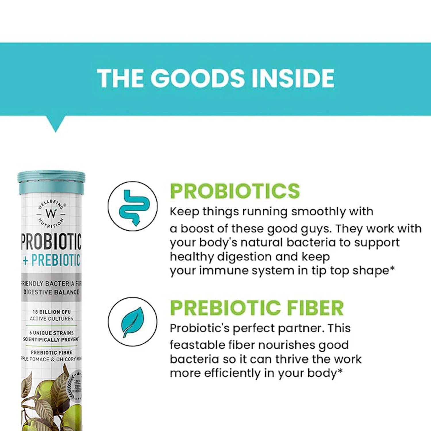Wellbeing Nutrition Daily Probiotics + Prebiotics, Gut Health Supplement 18 Billion CFU with Organic Chicory Root | For Indigestion, Constipation, Gas, Bloating, IBS & Immunity, 21 Effervescent Tabs - Image 4