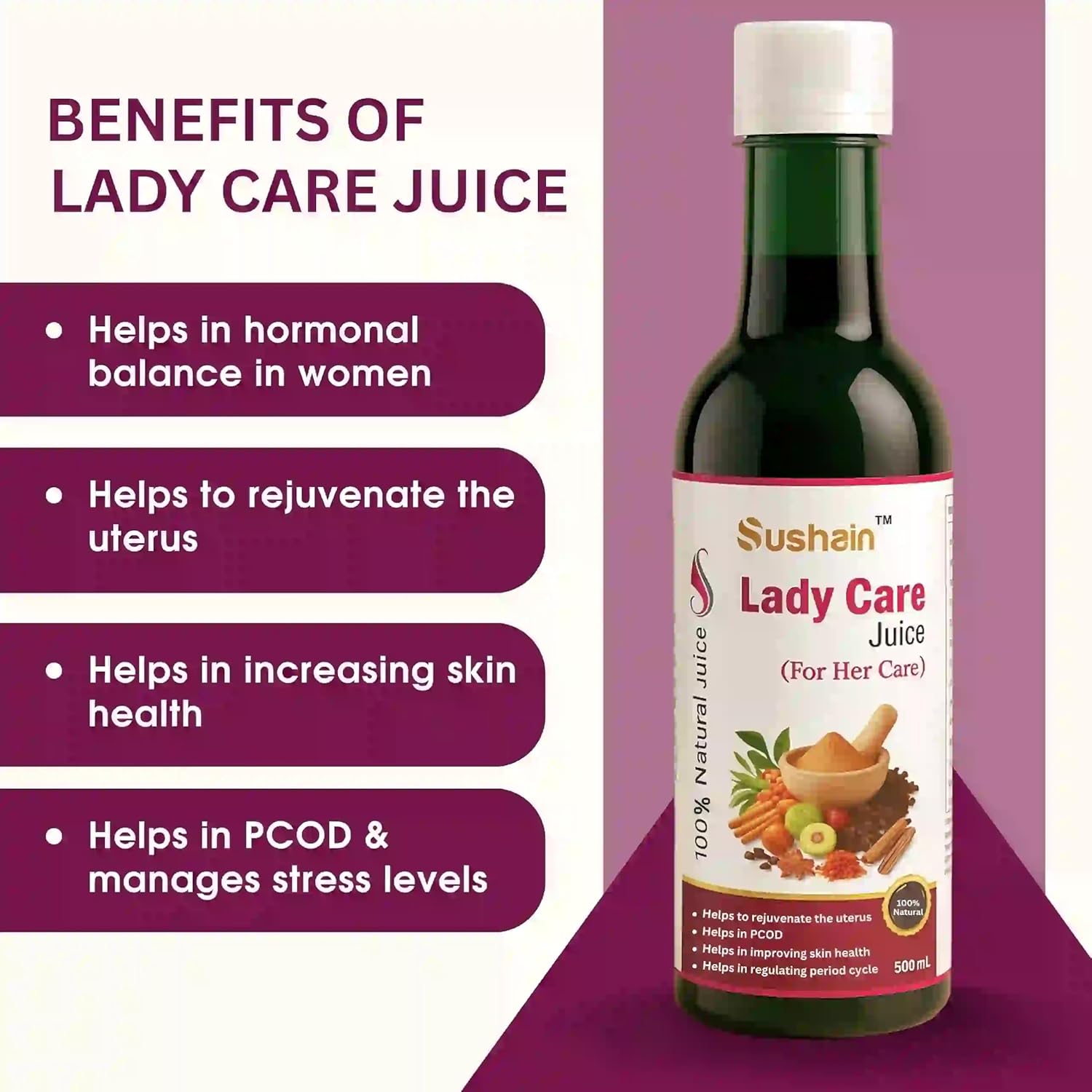 Sushain Lady Care Women Wellness Juice 1000ml | PCOS & PCOD Support Herbal She Care Juice | Hormonal Balance Supplement for Women | Period Pain Relief - Image 3