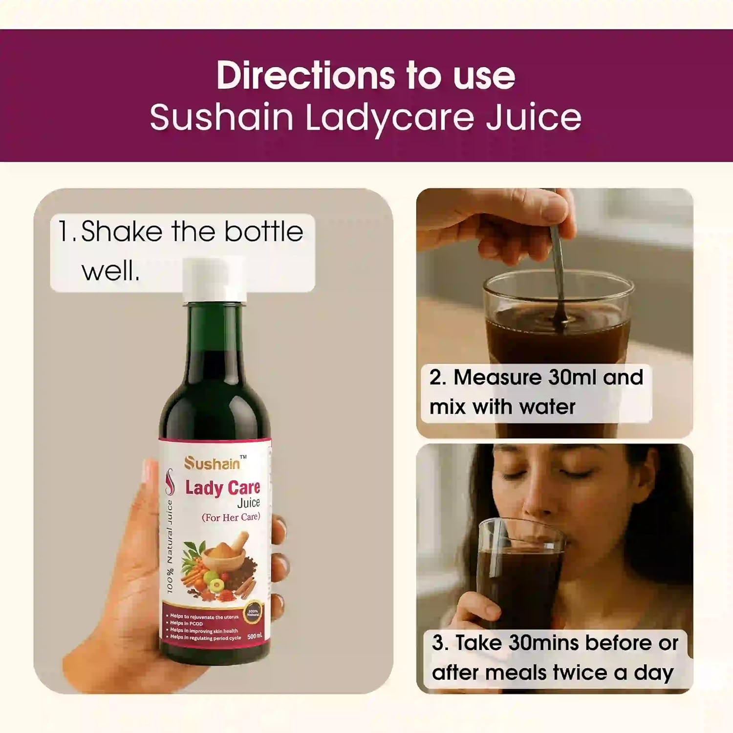 Sushain Lady Care Women Wellness Juice 1000ml | PCOS & PCOD Support Herbal She Care Juice | Hormonal Balance Supplement for Women | Period Pain Relief - Image 6