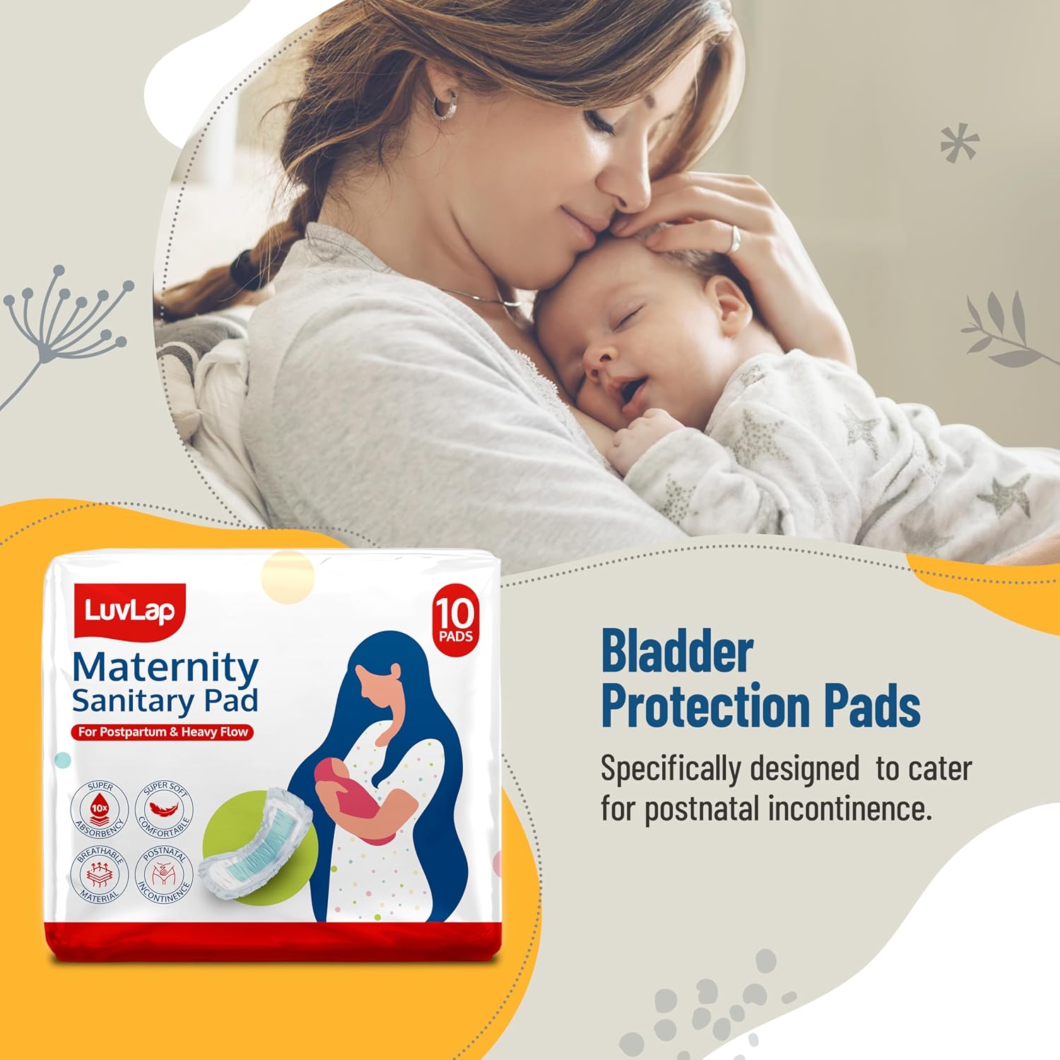LuvLap Extra Absorbent Maternity Pad, 10's x 6 Pack (60 Pads), 0-2 Weeks Post-Birth, After Delivery Pad for Heavy Flow, Sanitary-Pad for Women, Ultra Soft-Pads for Maternity Flow, Postpartum Bleeding - Image 3
