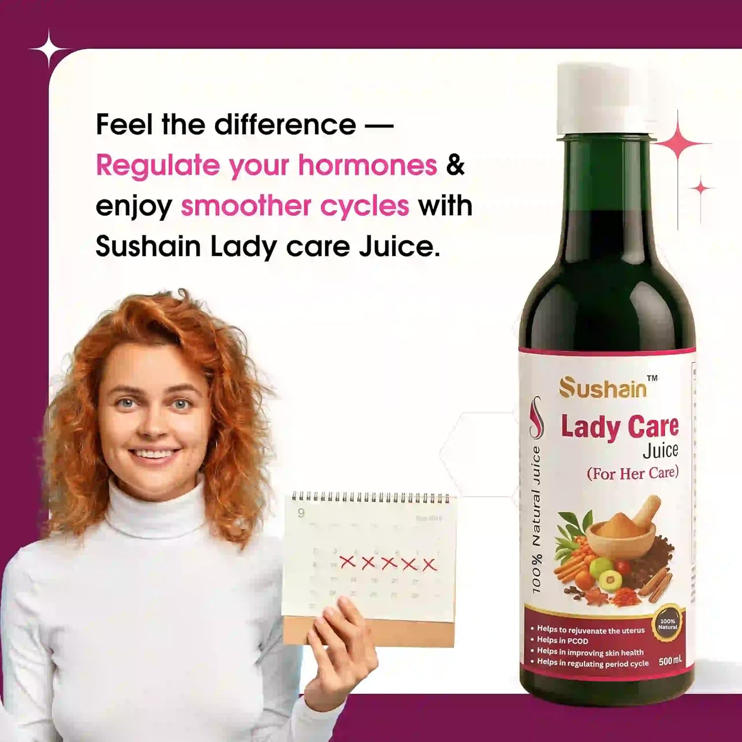Sushain Lady Care Women Wellness Juice 1000ml | PCOS & PCOD Support Herbal She Care Juice | Hormonal Balance Supplement for Women | Period Pain Relief - Image 5