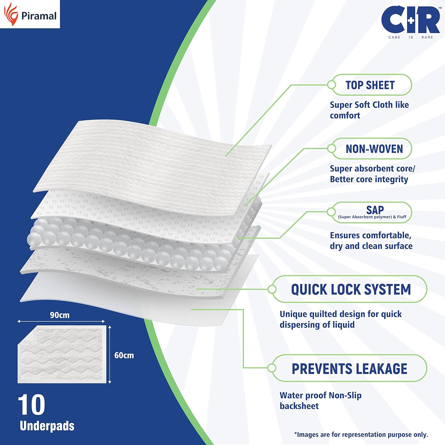 CIR Premium Underpads, Large (90x60cm) I 10 hrs Absorption Protection I 10 Units I Waterproof I Protects Surfaces from Incontinence I Super Soft Polymer x Pack of 1 - Image 4