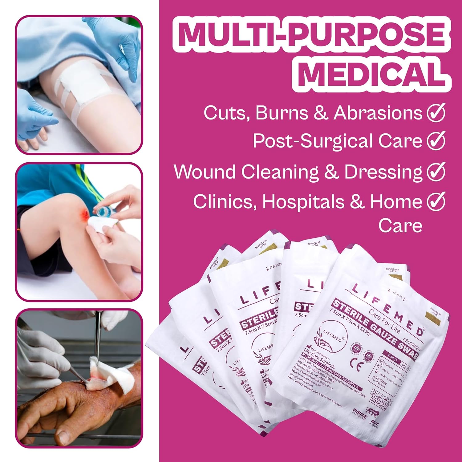 LIFEMED Absorbent Sterile Gauze Swabs 7.5 x 7.5 cm, 12 Ply Type 17 Medical Gauze for Wound Dressing & First Aid (Box of 10 Pouches – 40 Pieces) - Image 5