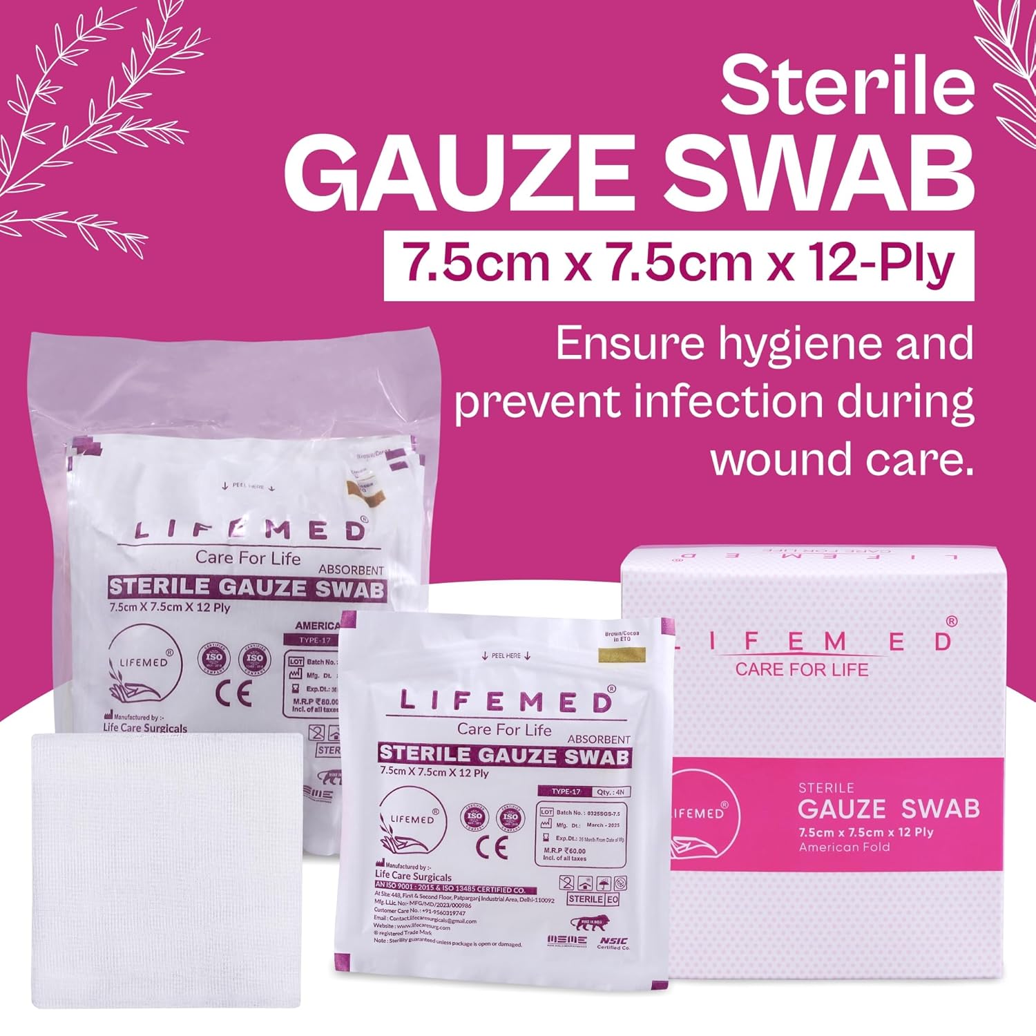LIFEMED Absorbent Sterile Gauze Swabs 7.5 x 7.5 cm, 12 Ply Type 17 Medical Gauze for Wound Dressing & First Aid (Box of 10 Pouches – 40 Pieces) - Image 2