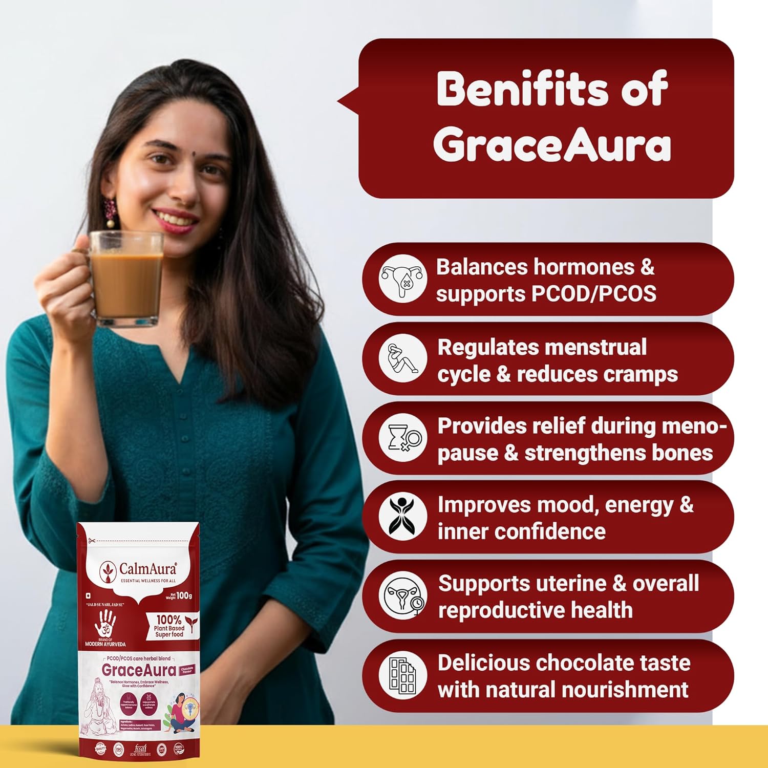 CalmAura GraceAura PCOD PCOS Care Herbal Blend Powder Chocolate Flavor | Ayurvedic Hormonal Balance & Menstrual Wellness Supplement for Women | Natural Uterine Health & Reproductive Support - Image 7