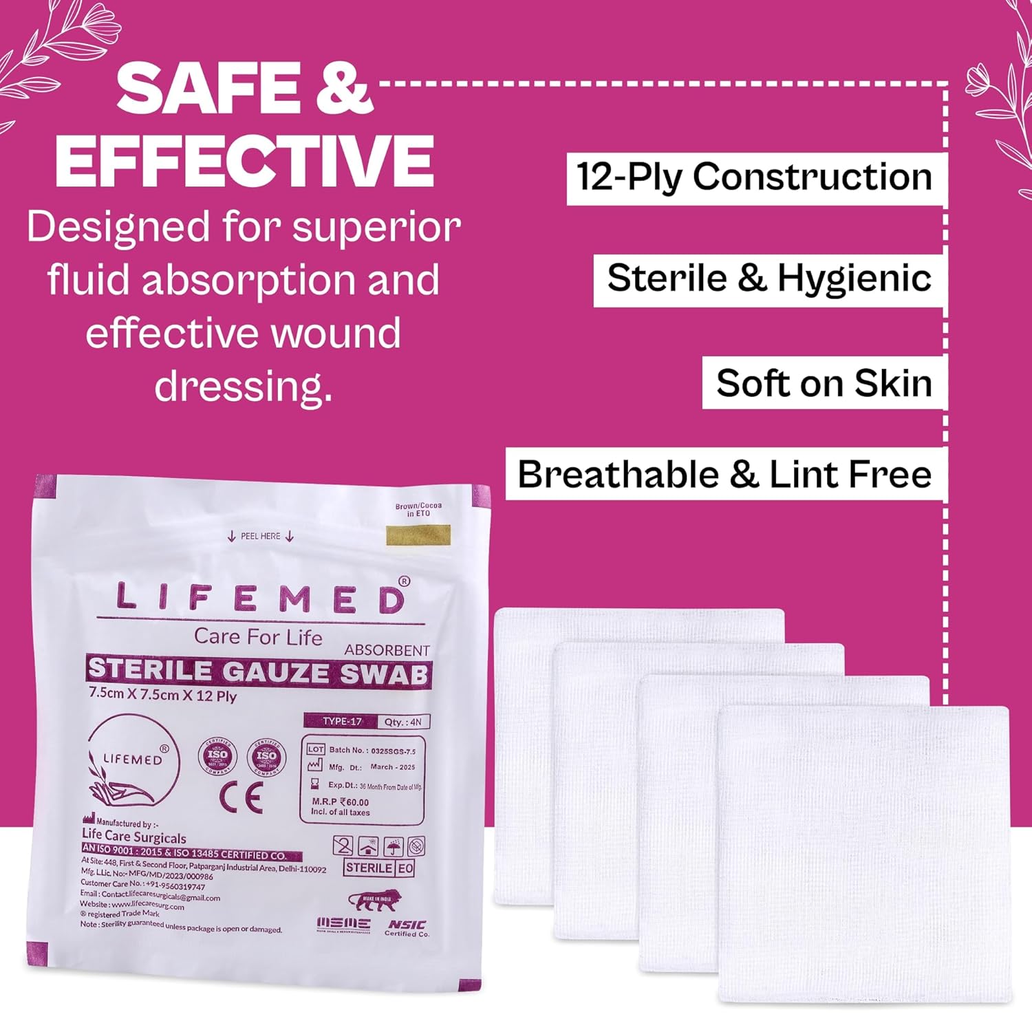 LIFEMED Absorbent Sterile Gauze Swabs 7.5 x 7.5 cm, 12 Ply Type 17 Medical Gauze for Wound Dressing & First Aid (Box of 10 Pouches – 40 Pieces) - Image 3
