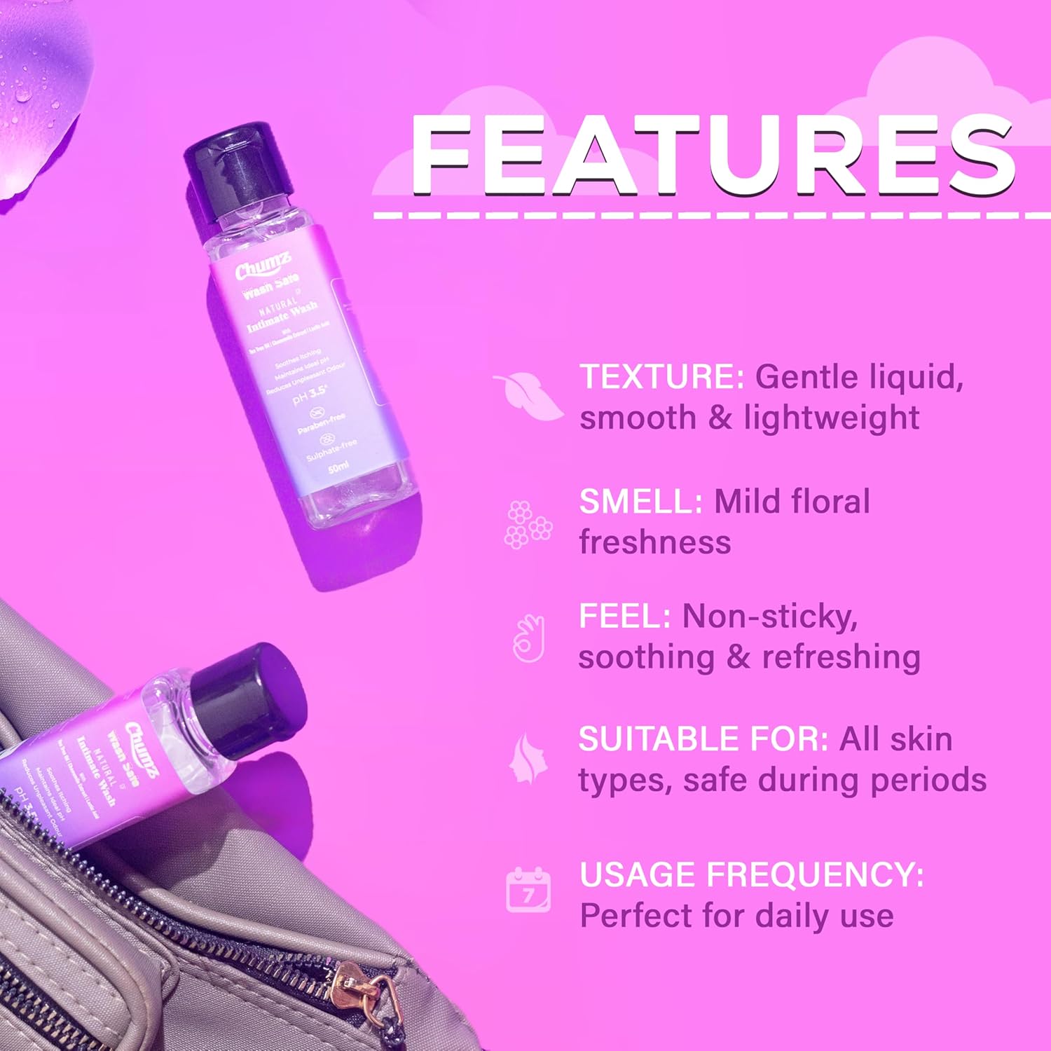 Chumz Intimate Wash for Women 50ml | pH Balanced Vaginal Wash for Daily Intimate Care | Feminine Wash with Lactic Acid & Chamomile | Helps Prevent Odor, Itching & Dryness | Gentle Intimate Hygiene Wash for All Skin Types - Image 4