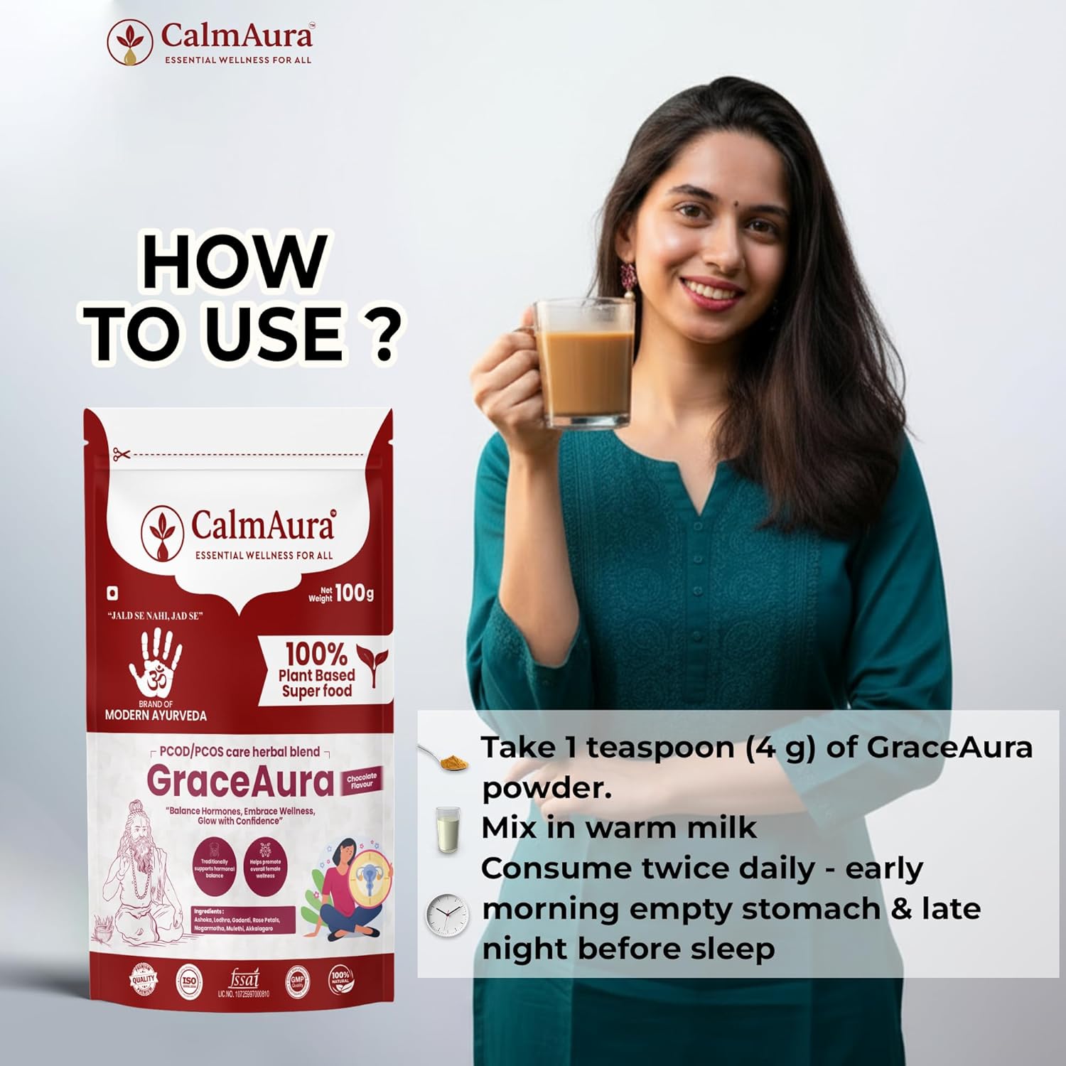 CalmAura GraceAura PCOD PCOS Care Herbal Blend Powder Chocolate Flavor | Ayurvedic Hormonal Balance & Menstrual Wellness Supplement for Women | Natural Uterine Health & Reproductive Support - Image 3