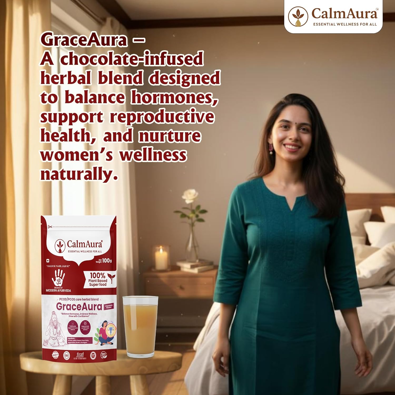 CalmAura GraceAura PCOD PCOS Care Herbal Blend Powder Chocolate Flavor | Ayurvedic Hormonal Balance & Menstrual Wellness Supplement for Women | Natural Uterine Health & Reproductive Support - Image 2